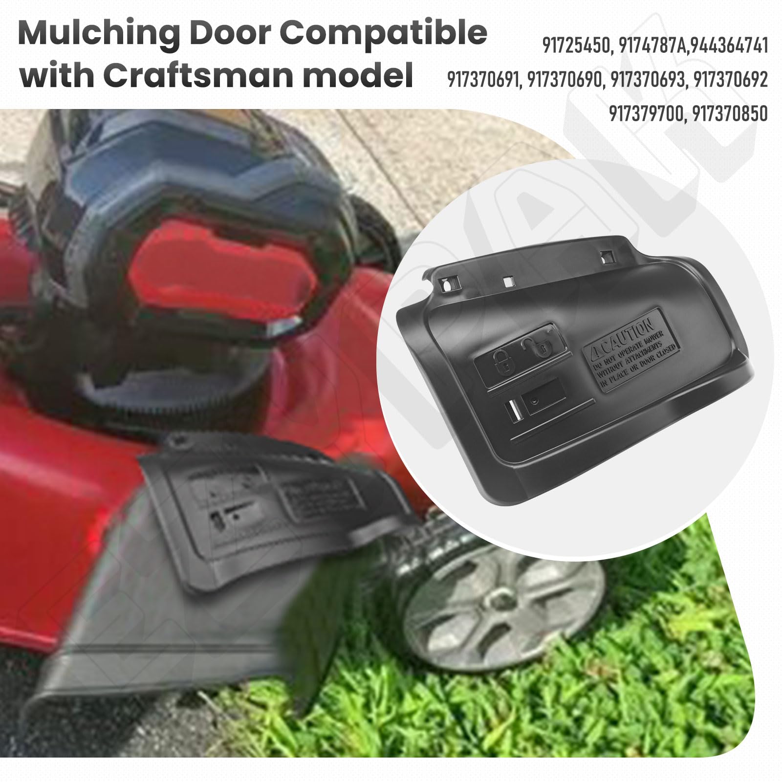 Porte mulching 532420019 55,9 cm compatible avec tondeuse à gazon Husqvarna/Craftsman avec loquet de porte 532441192 en zinc et support de charnière 532175735 et tige de charnière de porte