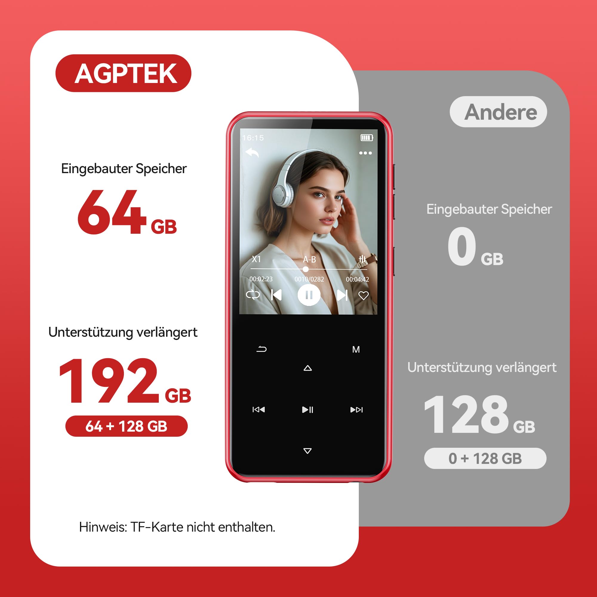 AGPTEK 2,4" MP3 Player & Tasche, 64GB MP3 Player Bluetooth 5.3 HiFi Musik Kinder MP3 Player mit Lautsprecher, Touch-Tasten, FM-Radio, E-Book, Aufnahme, Unterstützung bis zu 128 GB, Rot