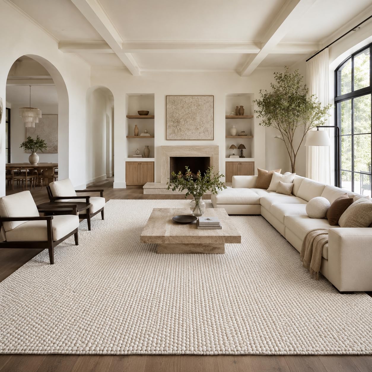 Scandilivin Hand Woven Knit Popcorn 10x14 Ivory Wool Rug