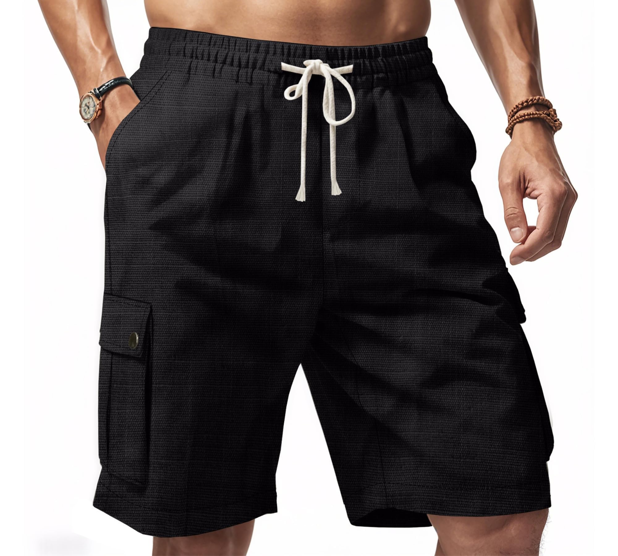 Linen Shorts for Men Summer Drawstring Elastic Waist Cargo Shorts Casual Solid Lightweight Beach Tops with Pockets