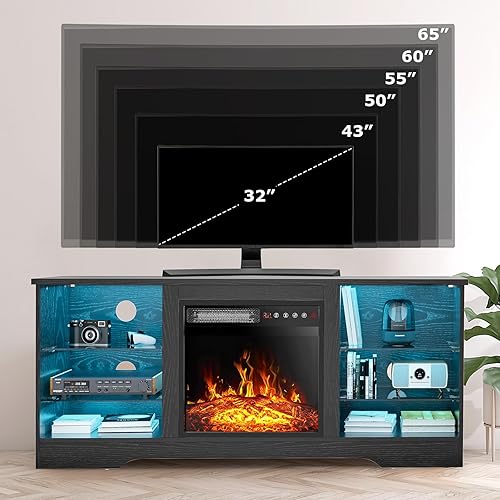Miniatura 57 de PUKAMI Soporte de TV con chimenea de 18 pulgadas para sala de estar, centro de entretenimiento de 58 pulgadas con luces para patas, armario moderno