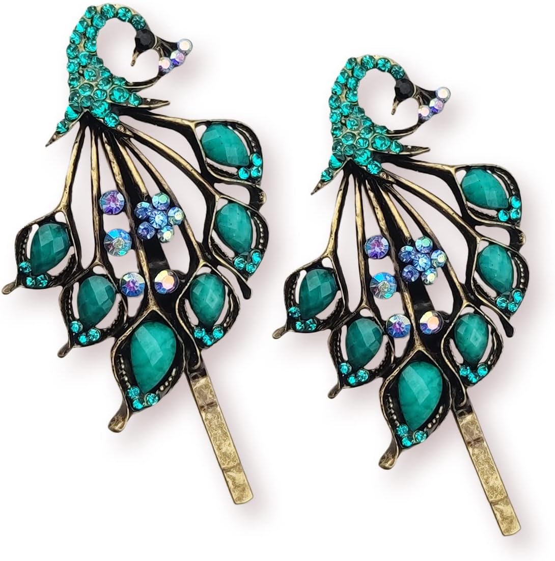 CloverU 2PCS/1Pair Hair Clips Retro Hair Pins for Women Blue Peacock Style Vintage Hairpins for Ladies and Girls Headwear Styling Tools Hair Accessories