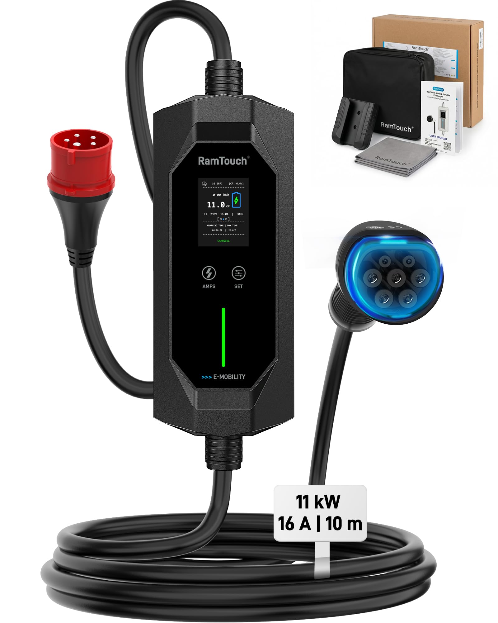 Mobile Wallbox (11 kW, 16 A, 10 m) | Ladekabel CEE 16A auf Typ 2 | 3-phasig | IP67 | 6 – 16 A | Timer & Startverzögerung | FI-Schutz AC/DC | Mode-2-Ladekabel / Ladestation | für E-Autos & PHEV