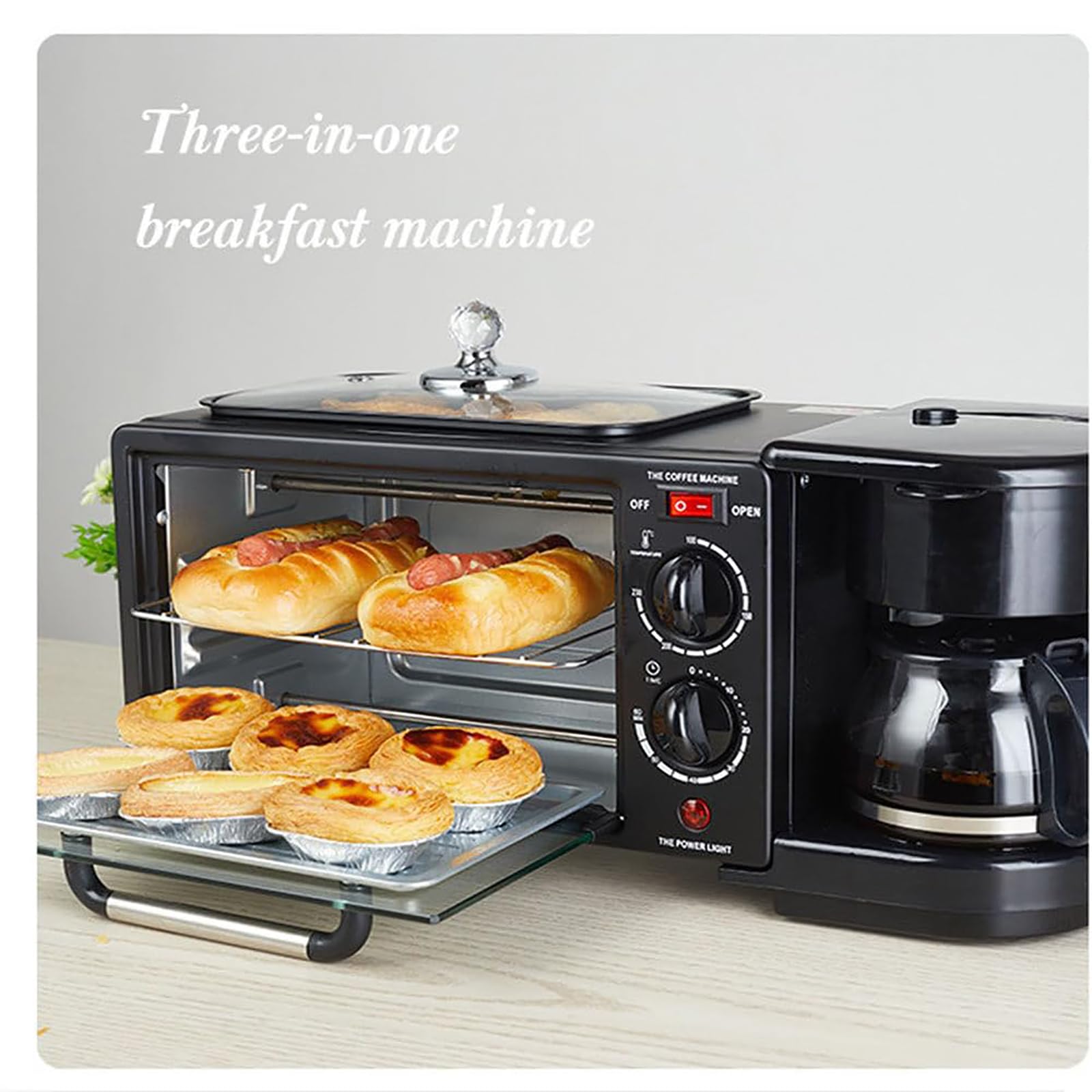 Stazione per la colazione 3 in 1, macchina per la colazione portatile, con padella antiaderente + macchina per il caffè da 400 ml, controllo della temperatura 100-230 °C + temporizzazione di 30 minu
