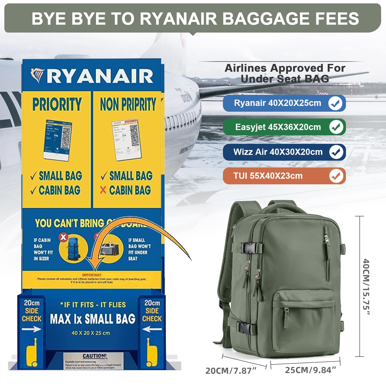 Zaino da Viaggio per Ryanair 40x20x25 Bagaglio a Mano Zaino Borse da Cabina per Ryanair Il Sedile Zaino Aereo Bagaglio a Mano Donna Borsa Cabina Viaggio Zaino Viaggio Casual Daypack,verde militare