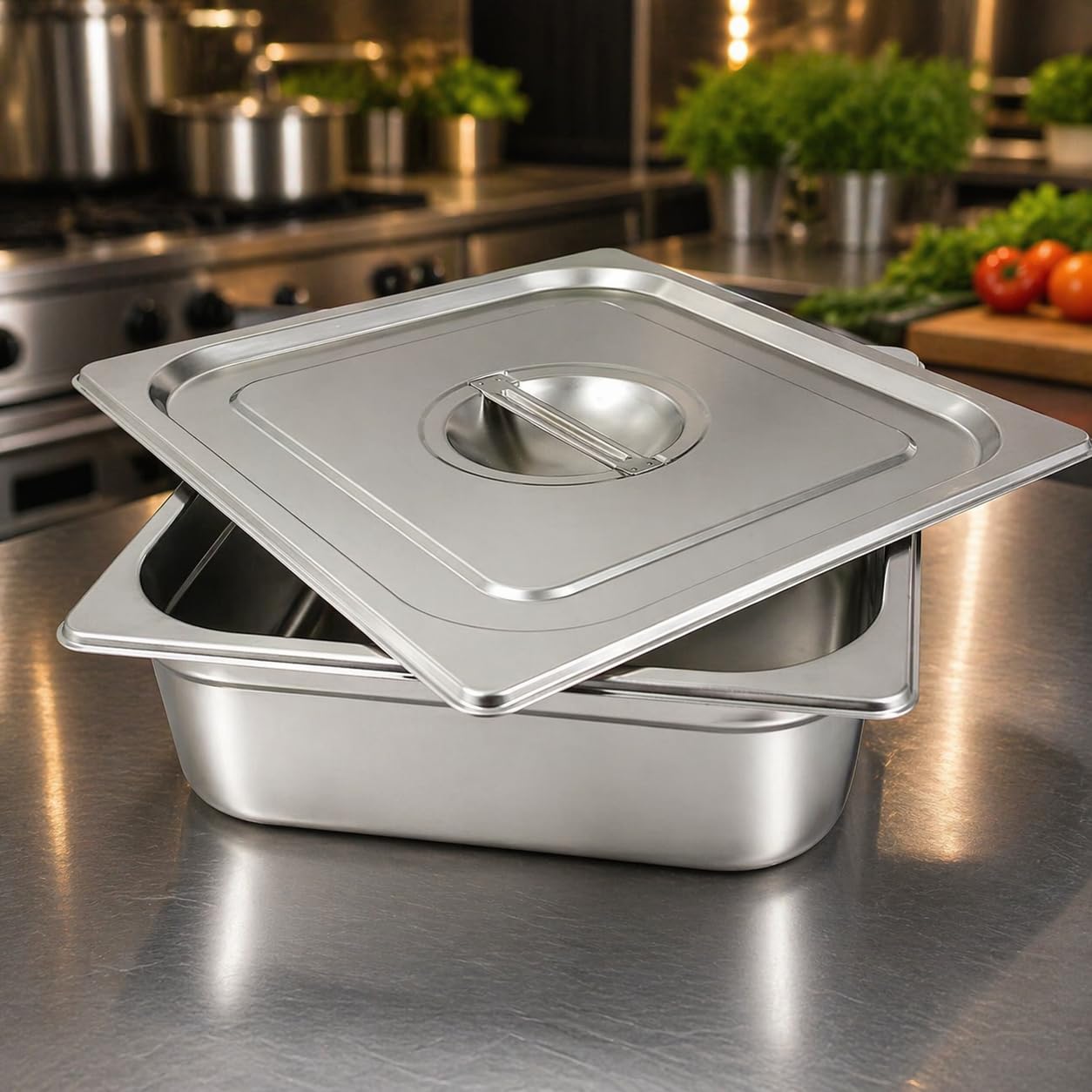 GURUBHAI EQUIPMENTS GN Pan Food Container 1/2 100 mm with lid Stainless Steel Gastronorm Pan with Lid, Easy-to-Clean Food Storage Solution for Commercial Kitchens & Catering Use