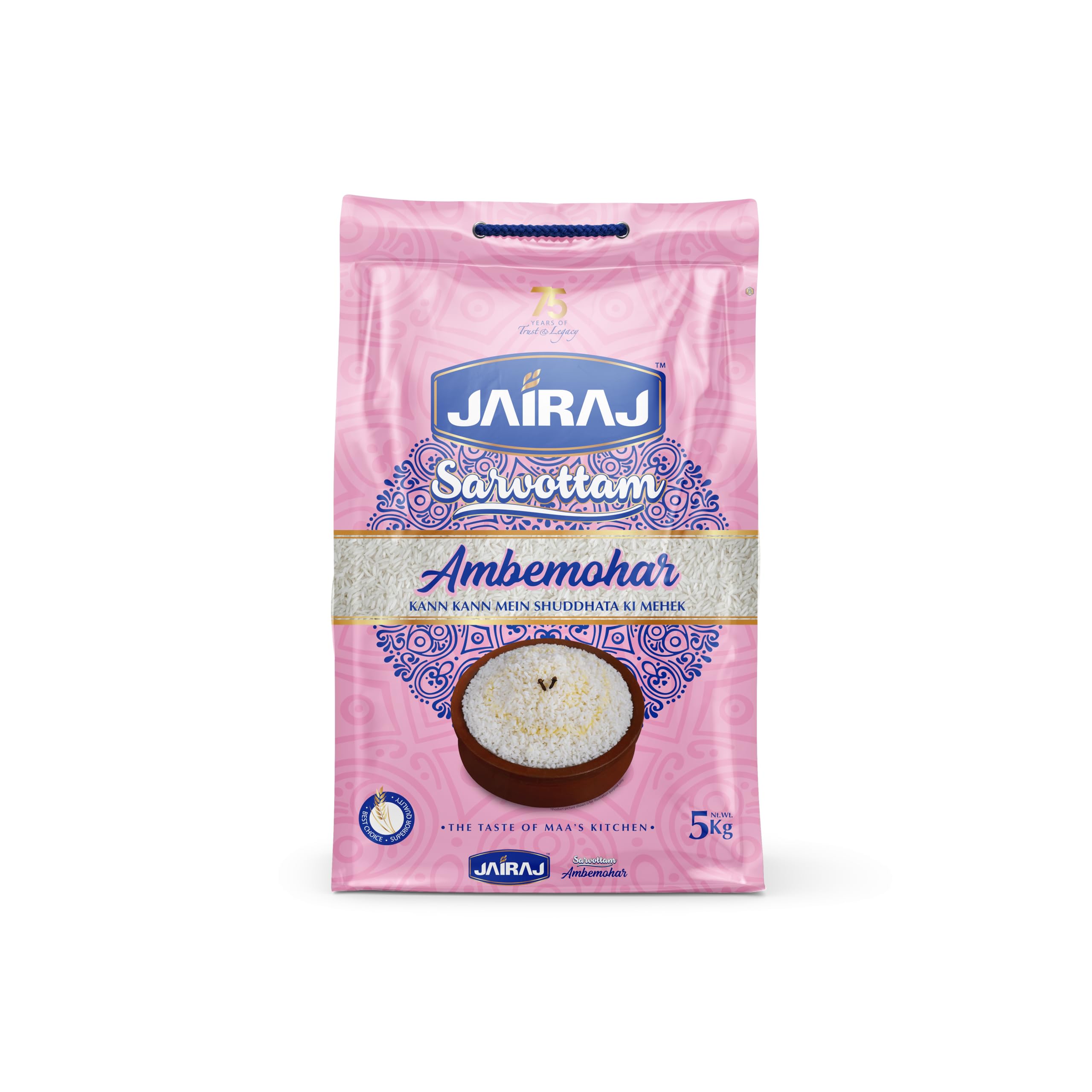 Jairaj Sarvottam Ambemohar Rice, Mango-Blossom Aroma, Short-Grain, Tender Texture, Ideal for Festive Meals, Authentic Local Dishes, Easy-to-Digest, 5 kg