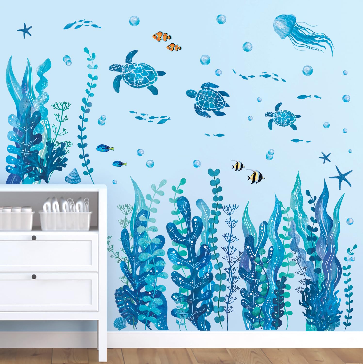 DECOWALL DS12-8084 Under The Sea Seaweed Wall Stickers Fish Turtle Ocean Grass Jellyfish Wall Decals Baby Nursery Kids Bedroom Bathroom Wall Décor - Image 3