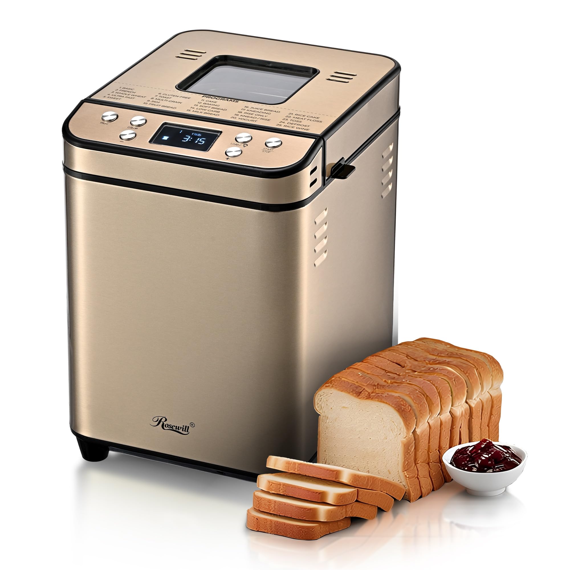 Rosewill 25-in-1 Automatic Bread Maker Machine with 3 Loaf Size up to 2LB, 700W High Power Dual Heater Bread Maker with BPA-free Nonstick Coating Pan, Max 15 Hours Delay Timer, Low Noise - Honey