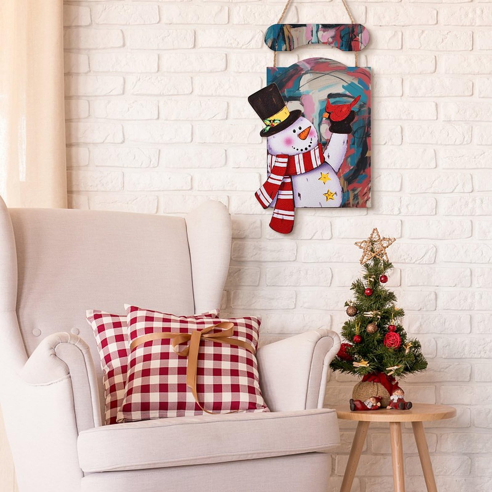Bonhomme de neige de Noël en bois à suspendre pour décoration murale de porte d'entrée, visage féminin abstrait, décoration de Noël en bois pour décoration d'arbre de Noël