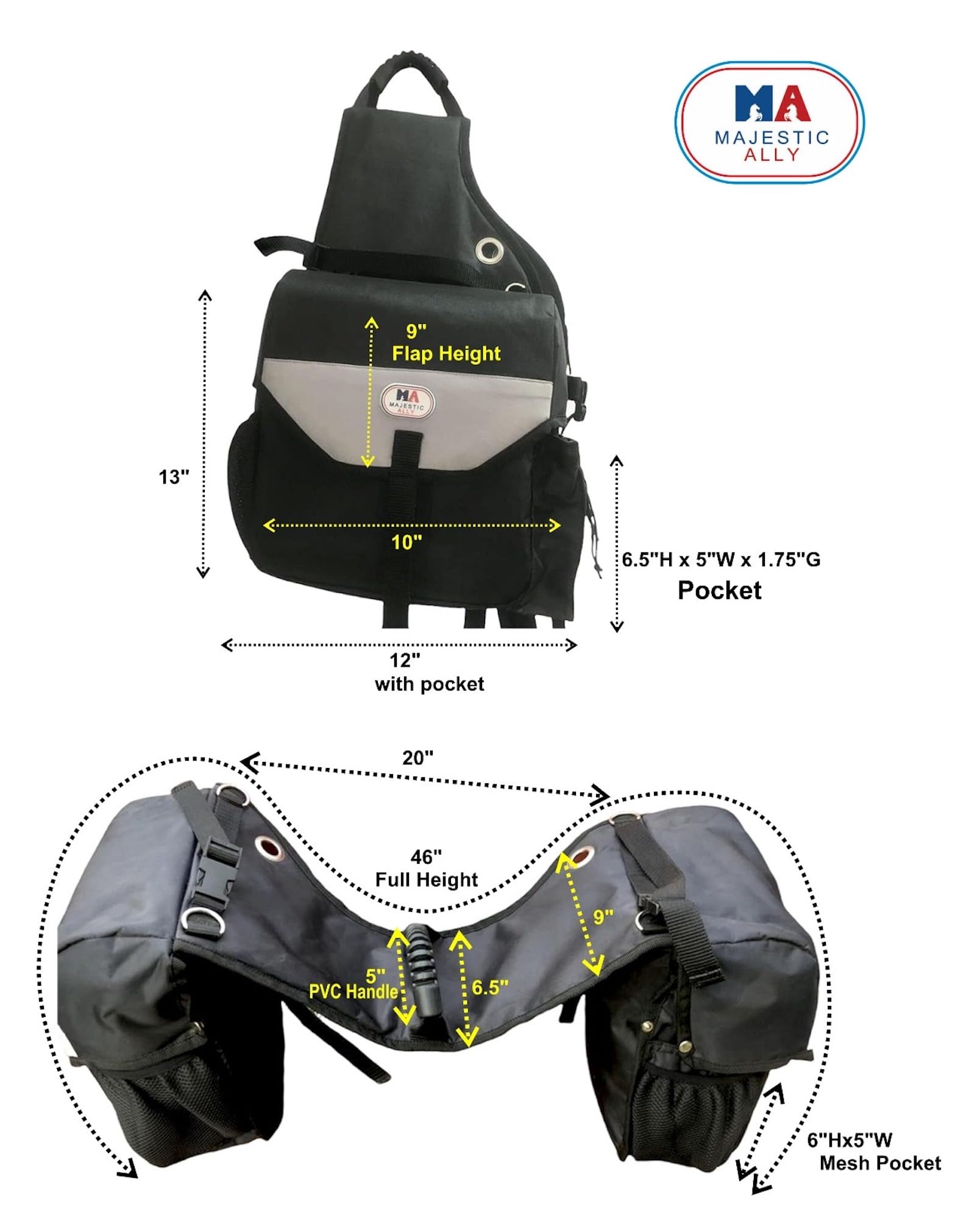 Majestic Ally Saddle Bag for Horses - Nylon Insulated Leakproof Cooler Reflective Padded with Pockets and Water Bottle Carrier Durable Saddle Bag (Black)