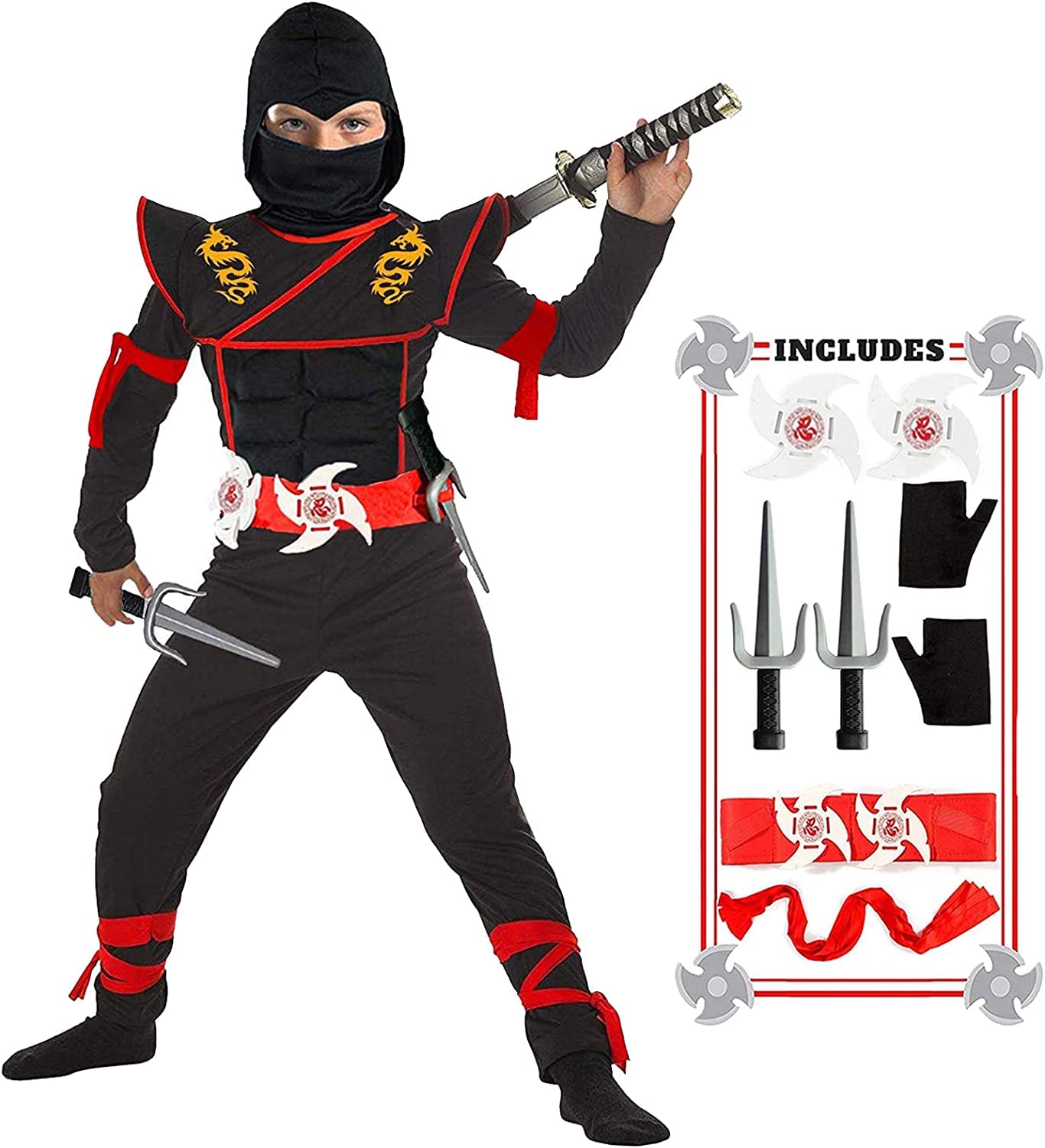 SATKULL Kids Ninja Costumes Halloween Ninja Costume Set for Boy Deluxe Ninjas Role Playing Suit(Kids-S-4/5T Black)
