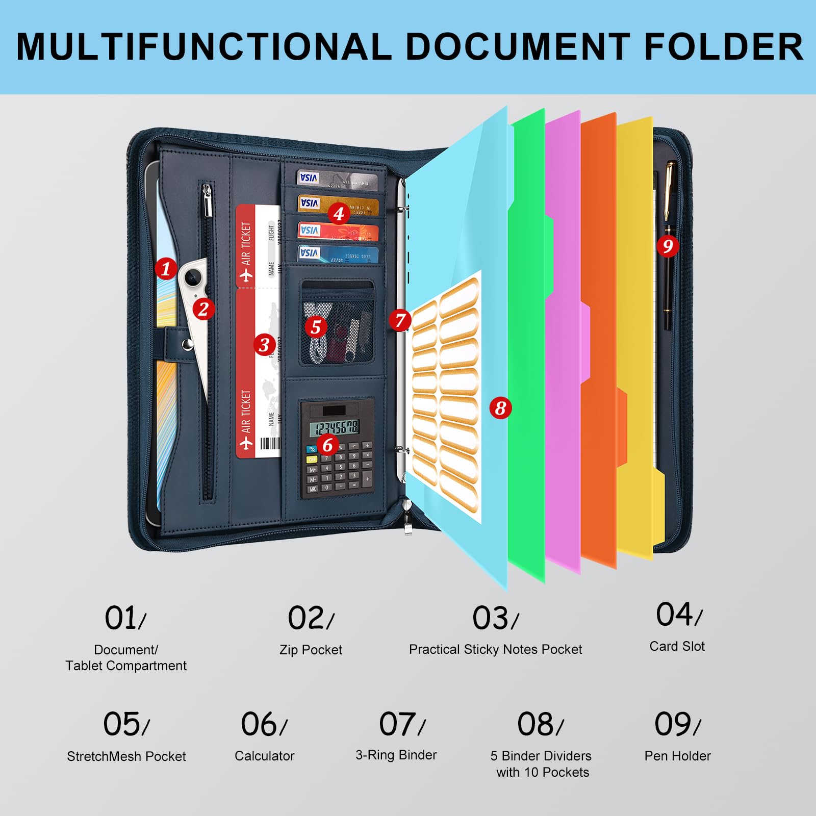 Eshow Portfolio Organizer – Raccoglitore a 3 anelli con cerniera, in pelle vegana, con blocco note, include 5 protezioni per fogli colorati per documenti per uomini e donne
