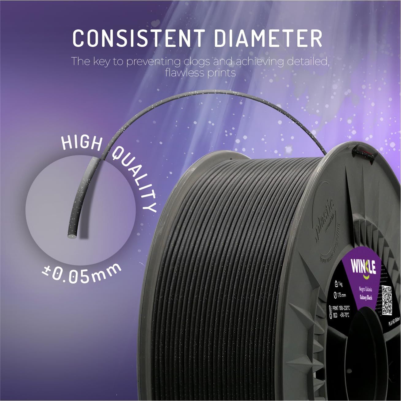 WINKLE Filament PLA HD Glitter Galaktyka Czarna do Drukarki 3D | 1,75 mm, 300 g | Dokładność Wymiarowa, Wygląd Brokatu