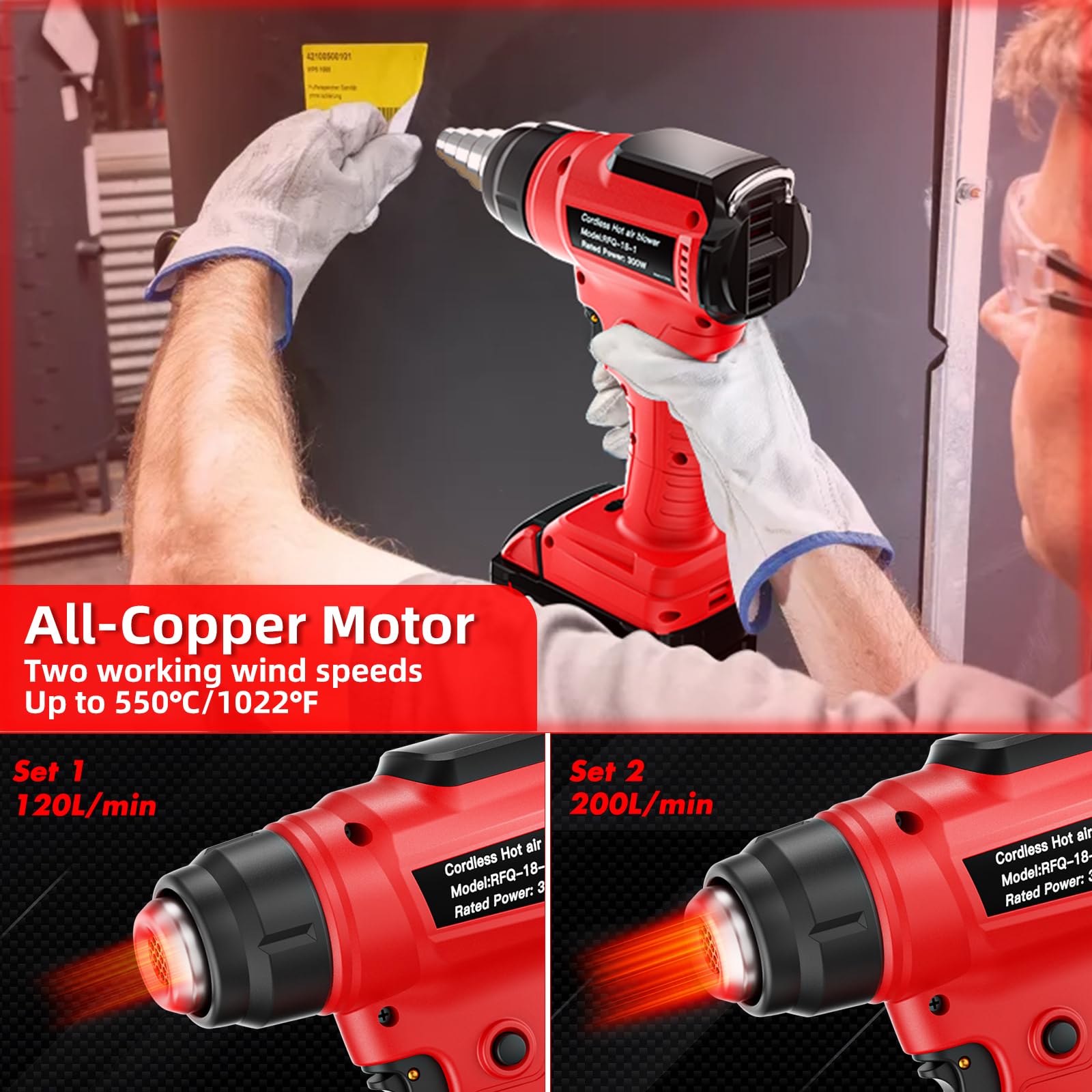 Pistola de calor inalámbrica para batería Milwaukee de 18 V 350 W 648.9 °C (550 °C) pistola de calor de soldadura, kit de pistola de aire caliente con control de temperatura variable con 4 boquillas y