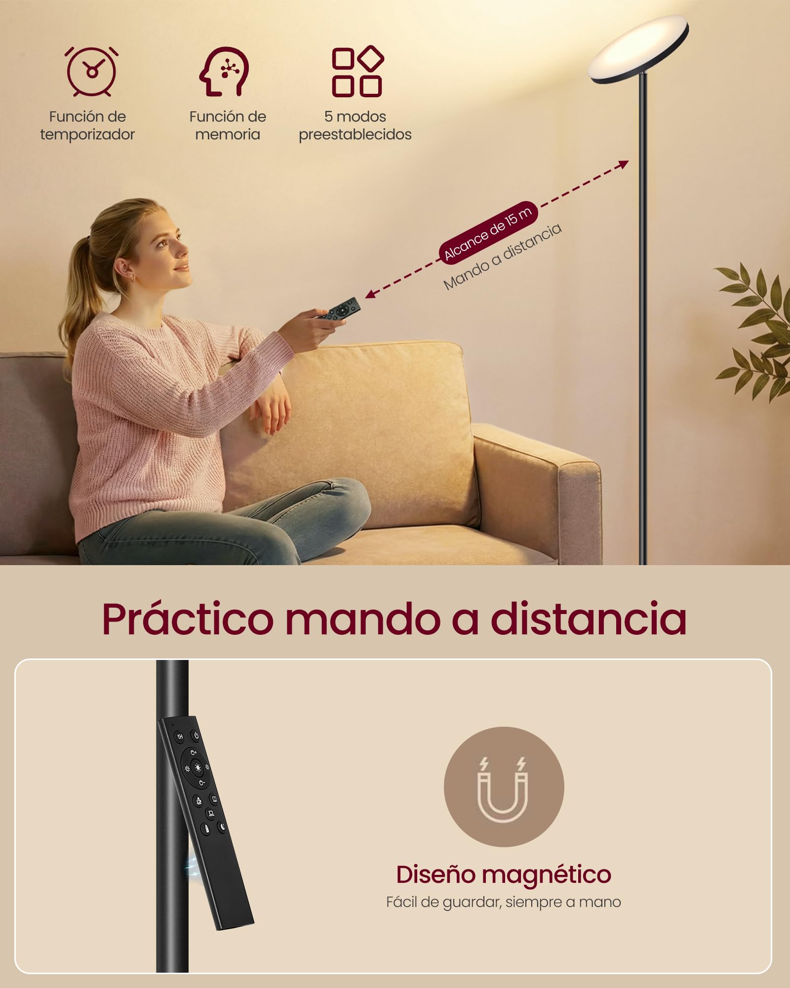 VASAGLE Lámpara de Pie LED, 30 W, Cabezal Orientable, Dormitorio, Oficina, Temporizador, Función de Memoria, Mando a Distancia, Negro Mate LFL018BD02