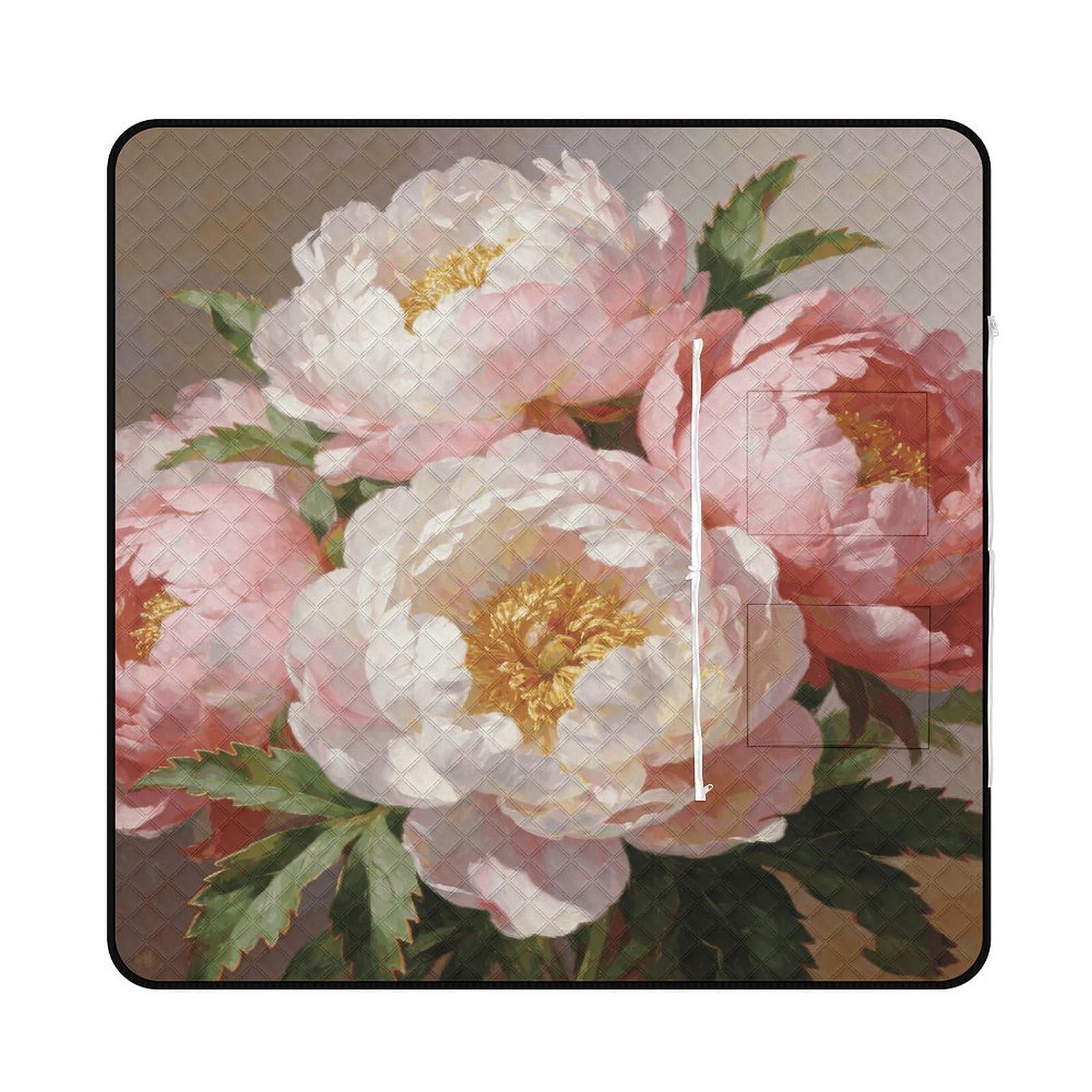 VstaDank Peony Picnic Mat 150x150cm Extra Large Picnic Blanket with Zipper Waterproof Sandproof Beach Blanket Portable Beach Mat Foldable Camping Blankets for Park Grass Lawn Travel