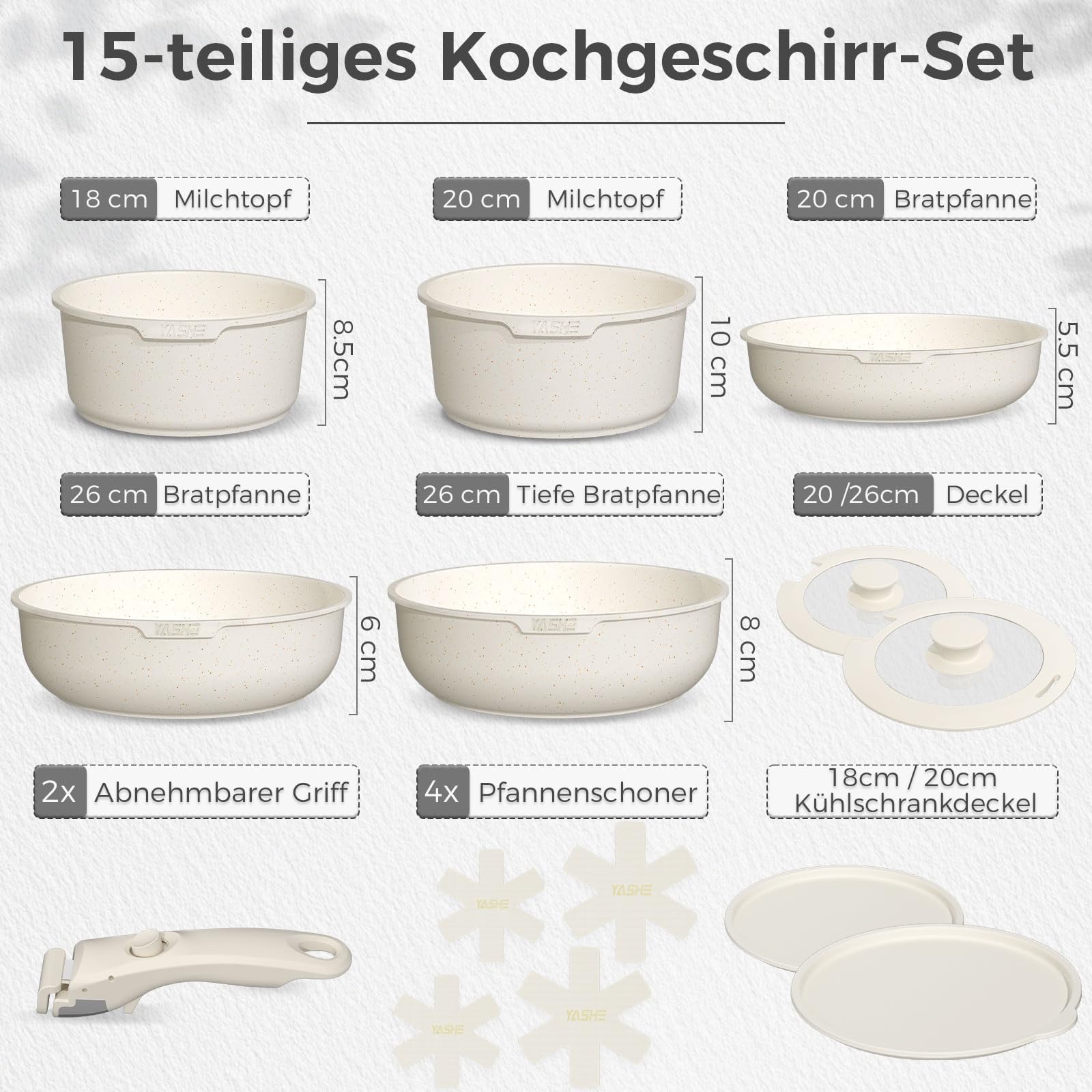 YASHE 15-teiliges Kochgeschirr-Set, Töpfe und Pfannen mit Granit-Antihaftbeschichtung, abnehmbare Griffe, stapelbar, leicht zu reinigen, kompatibel mit Induktion, Gas und Glaskeramik