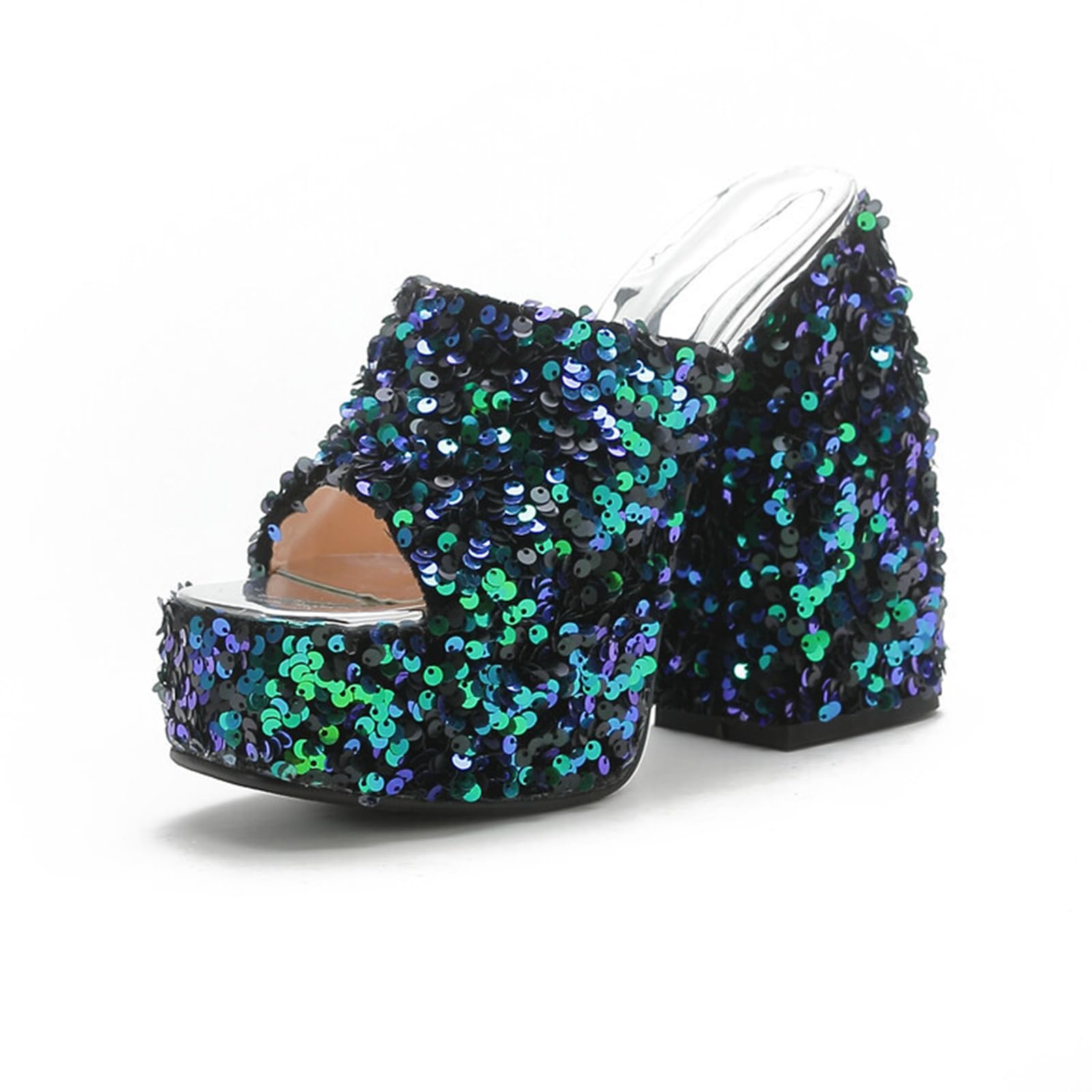 Mule con Tacco a Blocco Piattaforma Aperto in Punta e Paillettes 12,5 CM