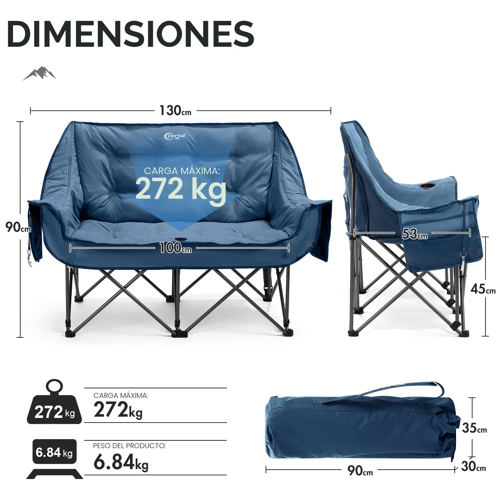 Portal Silla de camping plegable para 2 personas, soporta 272 kg, muy suave, con bolsa de almacenamiento, silla plegable doble, sofá plegable, acolchado grueso, respaldo alto para exterior, jardín