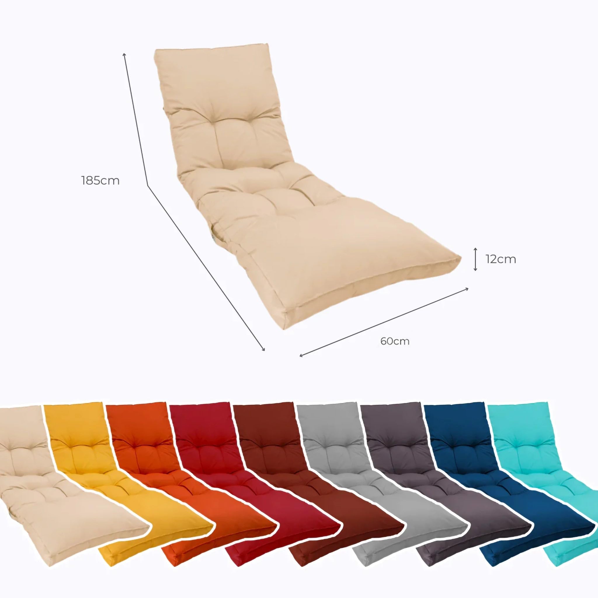 Cuscino Lettino Prendisole con Imbottitura da 12 cm, Materassino per Sdraio da Giardino e Chaise Longue, 185x60 cm, Beige