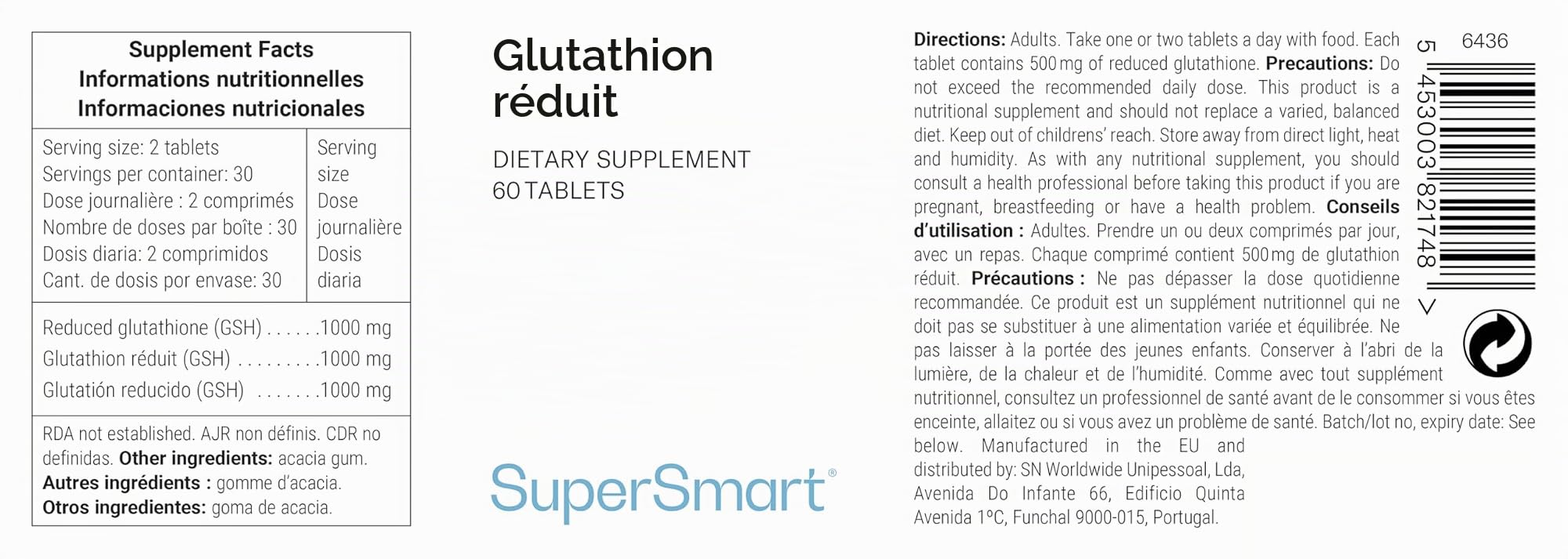Glutathione Réduit (GSH) - Antioxidant - Vegan - Sans Gluten - SuperSmart