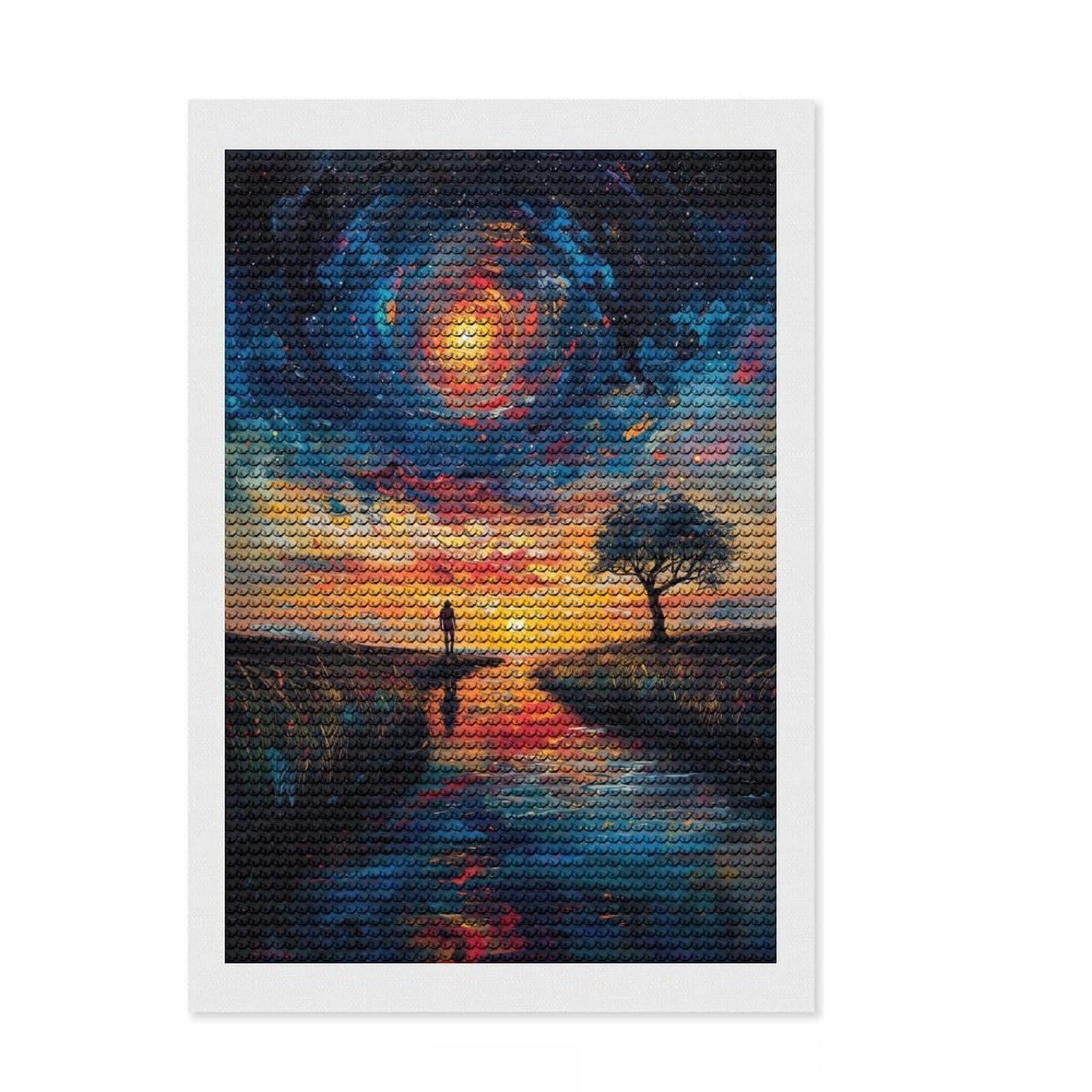 Junmoney Lonely River Oil Painting Full Drill Diamond Painting Kit 8"x12", Stress Relief Craft, Round Gems, Full Kit Included, Thoughtful Present