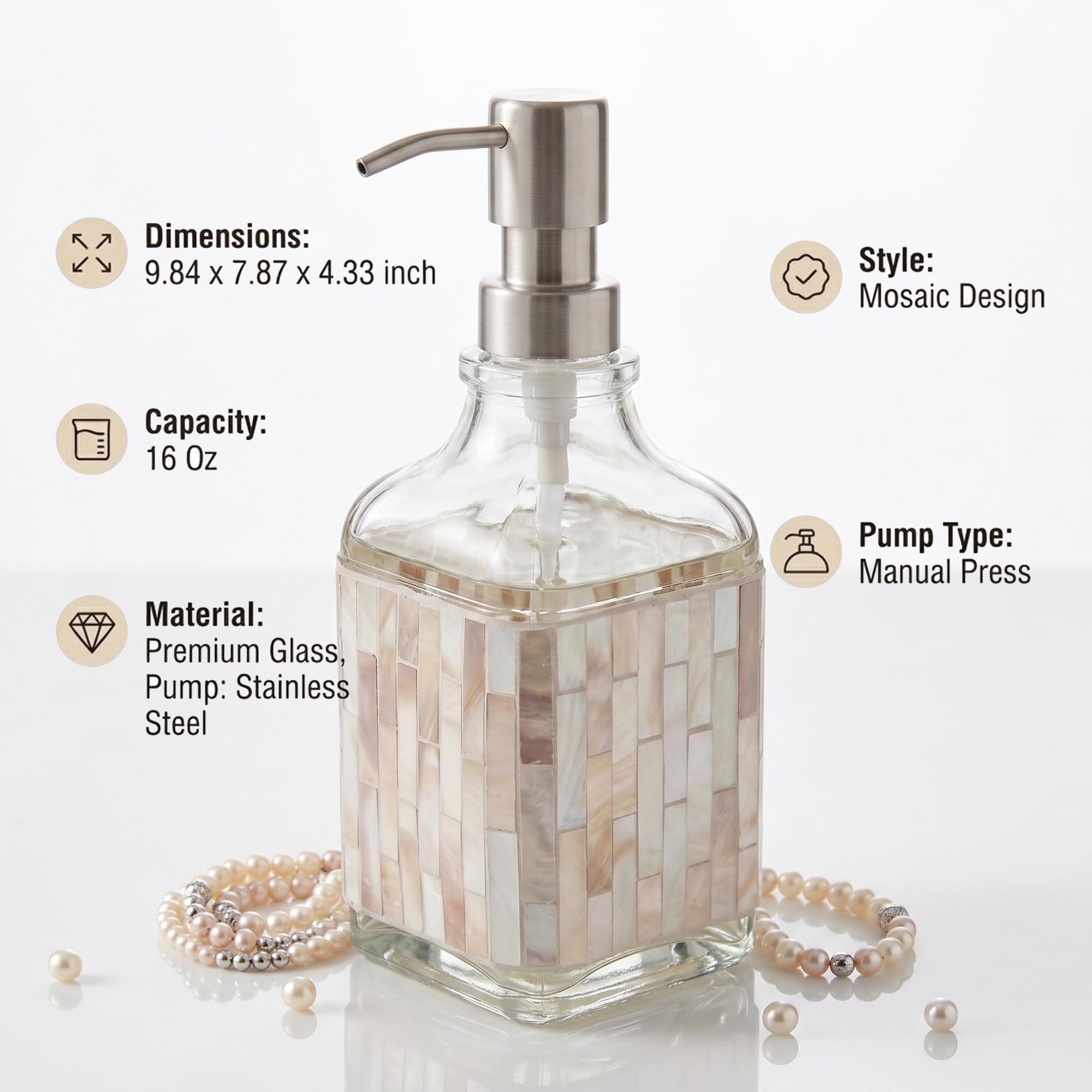 BOPPIE Dispenser di sapone artigianale in vetro mosaico, moderno dispenser di sapone per mani e piatti, per bagno/cucina, bottiglia di sapone liquido ricaricabile con pompa antiruggine in acciaio