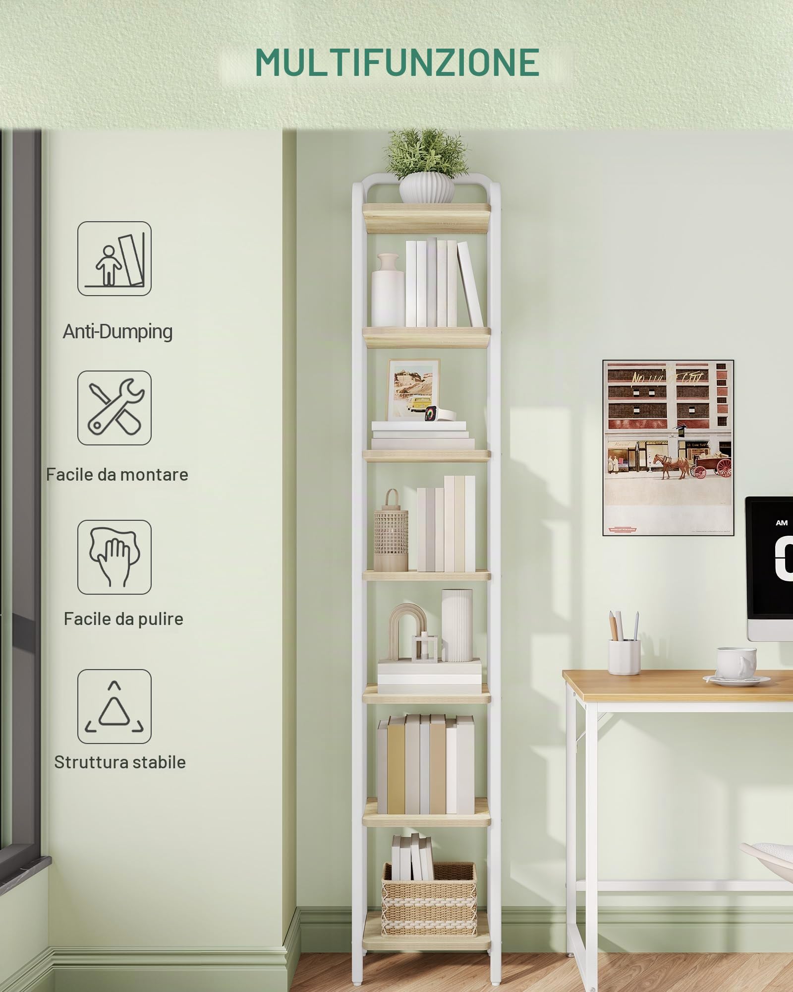 Hzuaneri Scaffale a 7 Ripiani, Libreria, Scaffale Stretto per Libri, Mensola D'angolo Industriale, Mensola Sottile per Ufficio, Soggiorno, Camera da Letto, Cucina, Quercia bianca e bianco BC24816W
