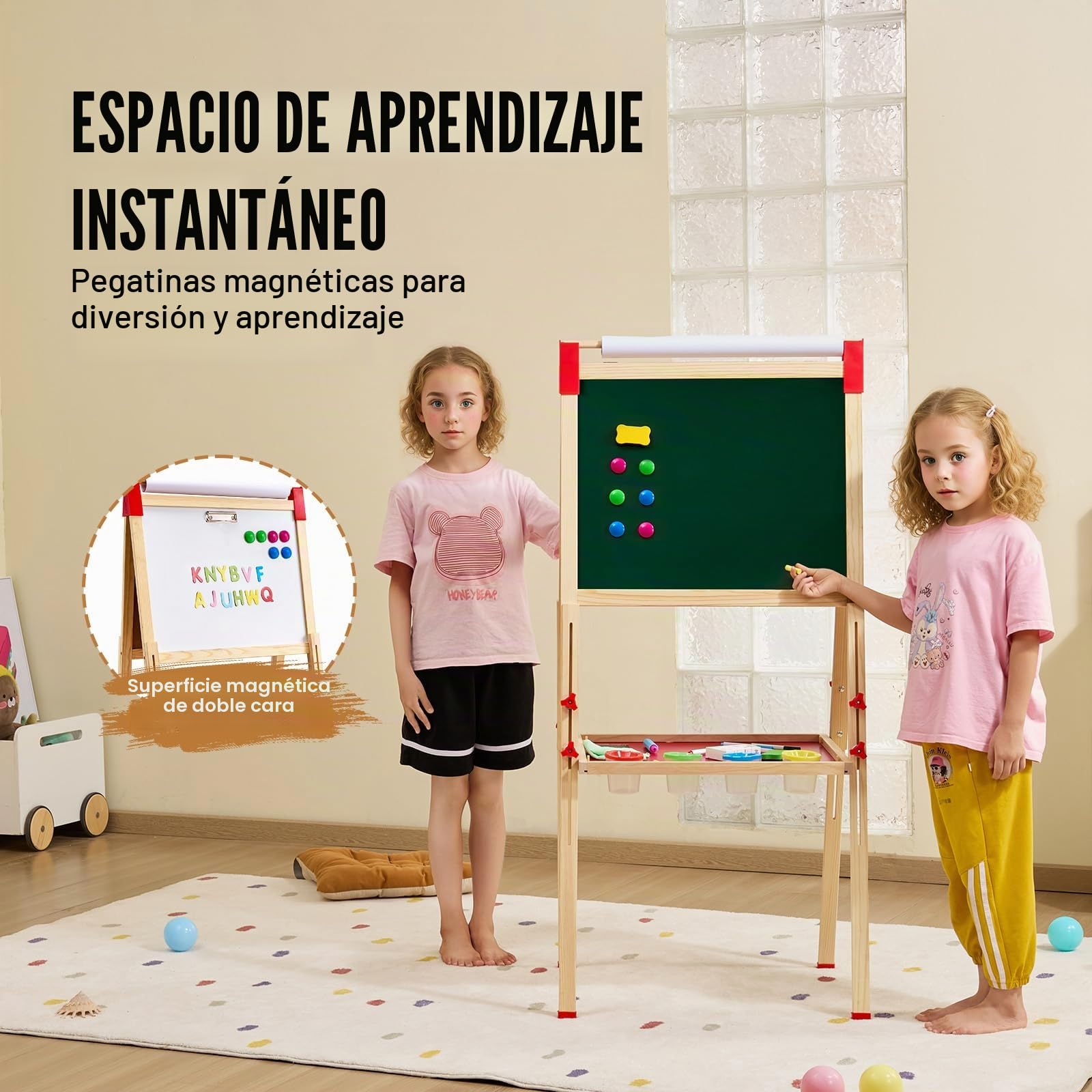 VEVOR 3 en 1 Caballete de Arte Caballete de Madera de Doble Cara para Niños con Pizarra Magnética, Pizarra y Rollo de Papel, Tablero de Dibujo Ajustable con Accesorios de Pintura para Niños