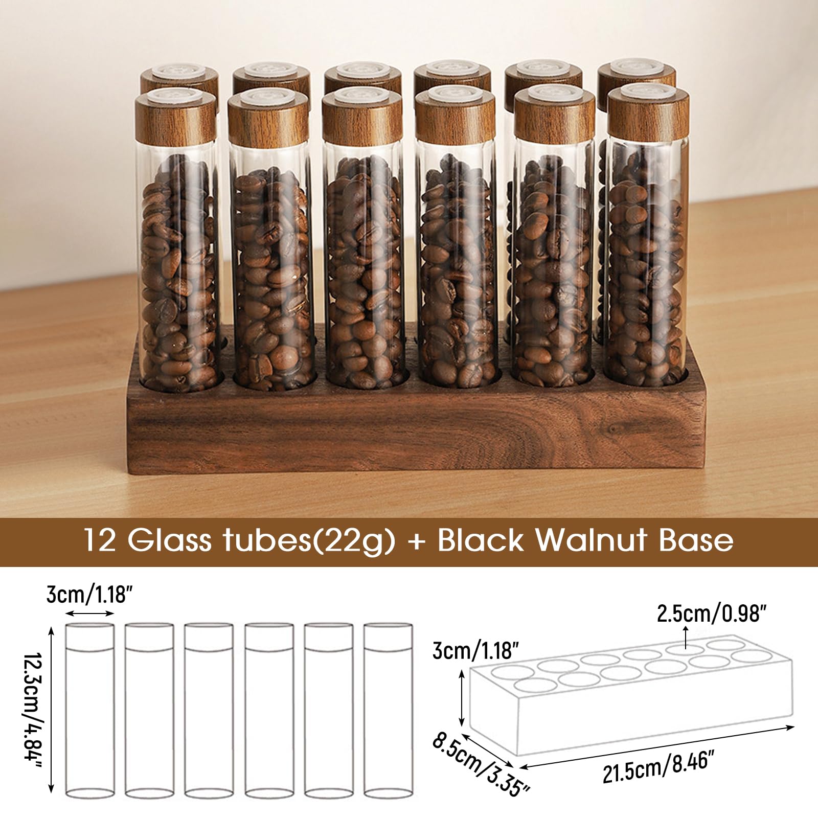 Sharplace 12 Röhren Kaffeevorratsdosen mit Holzständer, Einzeldosis Kaffeebohnen-Aufbewahrung, Kaffeekapseln Dose Kaffeebohnenvorratsbehälter mit Deckel, Behälterständer für Kaffee, Tee, B 12 Loch 22g