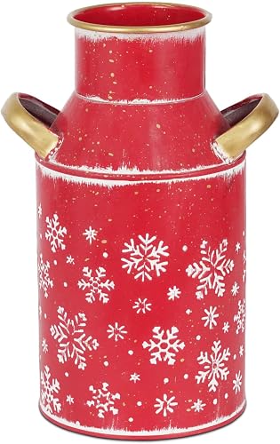 Galvanized Red Metal Milk Can Snowflake Design Christmas Decorative Vase with Gold Handles Vintage Farmhouse Christmas Décor for Holiday Festive Centerpieces Home Accents