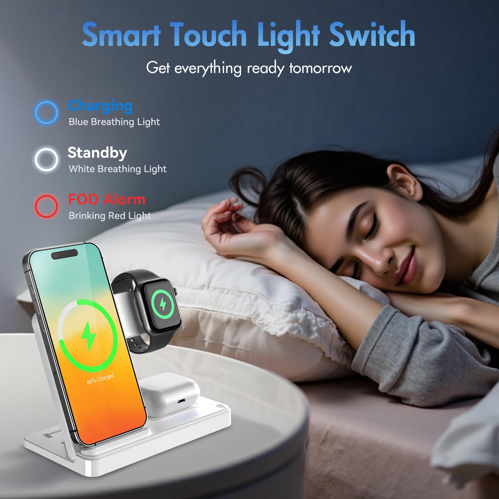 3 in 1 Wireless Charging Station for iphone Fast Wireless Charger Stand for Apple Watch, for Airpods Pro 4 3 2, for iphone 17/16/15/14/13/12/11/8/XS/XR/X/SE(No Plug Included) (White) — view 7