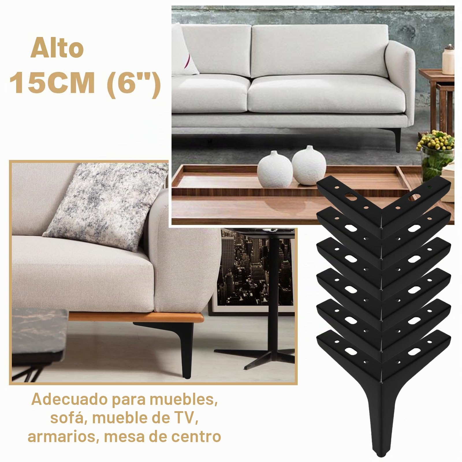 SENENQU 12 Piezas Patas para Muebles Negras 15 cm, Patas para Mesas y Sofá con Tornillos, Pies Metálicos de Acero Resistente para Armario, Mueble de TV y Cama