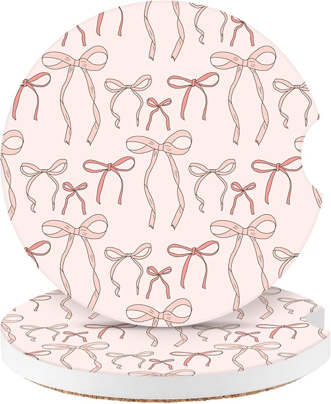 Porta-Copos Automotivo Watbro de Cerâmica com Base de Cortiça, Absorvente, Rosa com Laços, 2 unidades