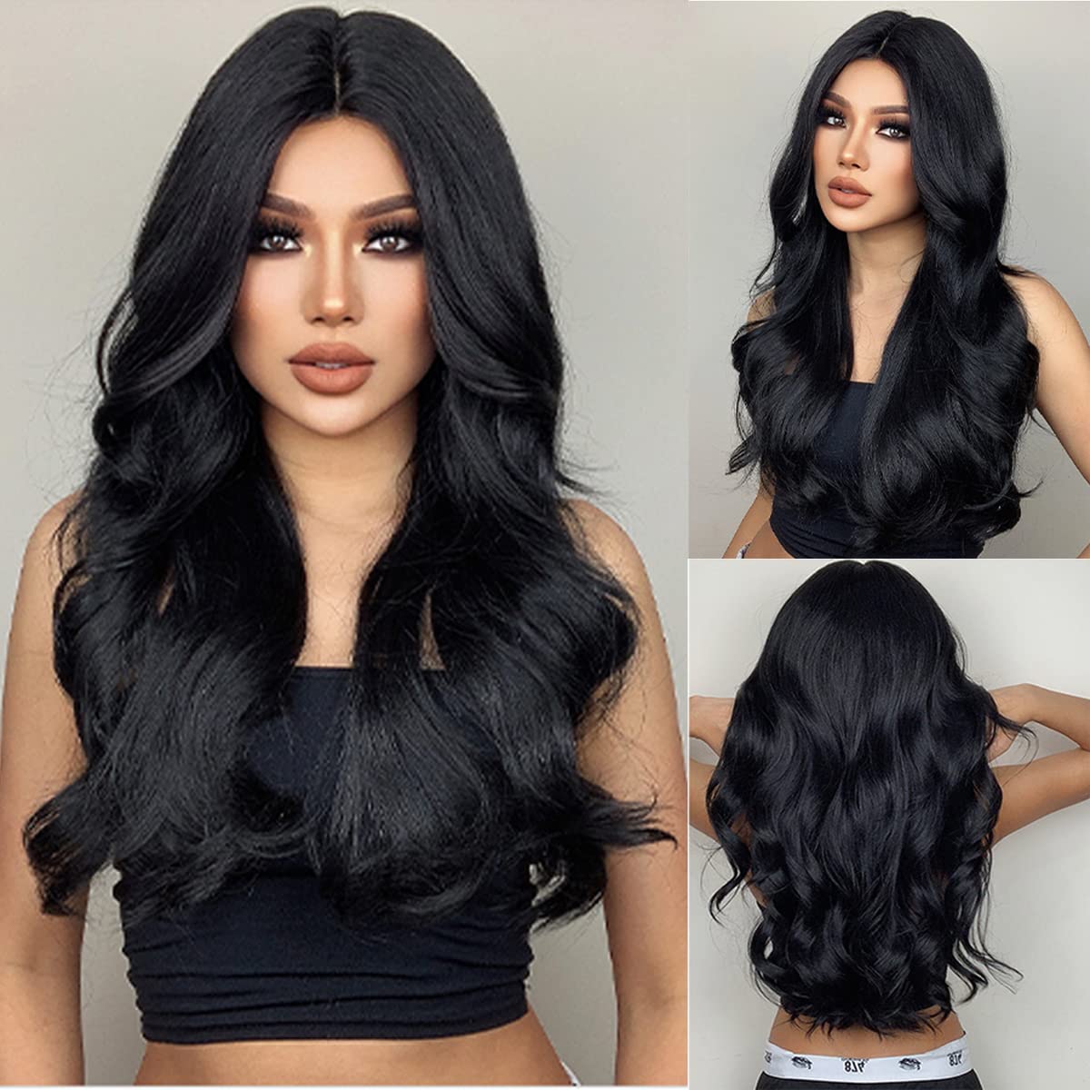 Black Wig for Women Long Wavy Black Hair Wigs Middle Part Black Wigs Heat Resistant Synthetic Wig