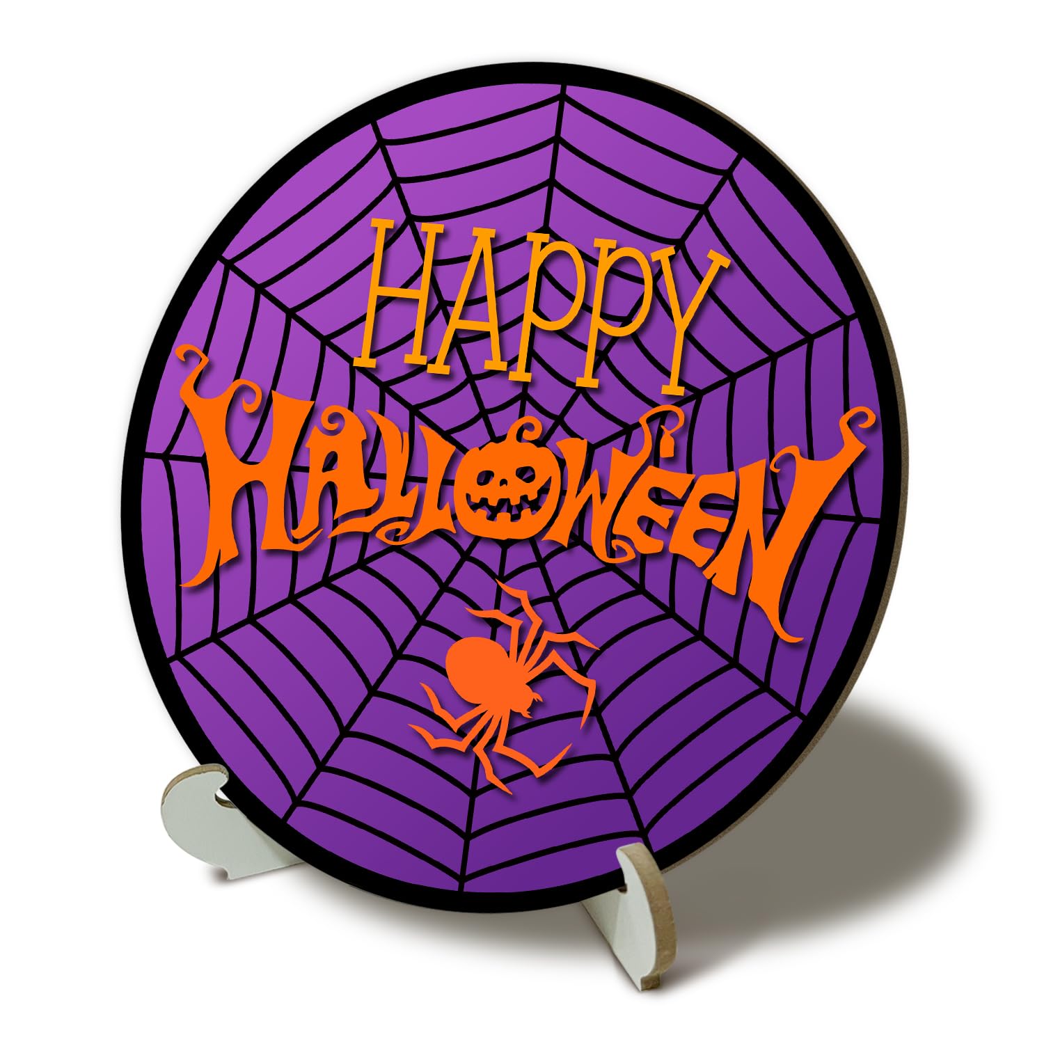 Photo 1 of Spider Web Halloween Table Decor Round Sign Plaque with Wood Support, Happy Halloween Round Wooden Sign with Stand, Home Halloween Party Decor Supplies Tabletop Art Gift for Desk Shelf Fireplace -05