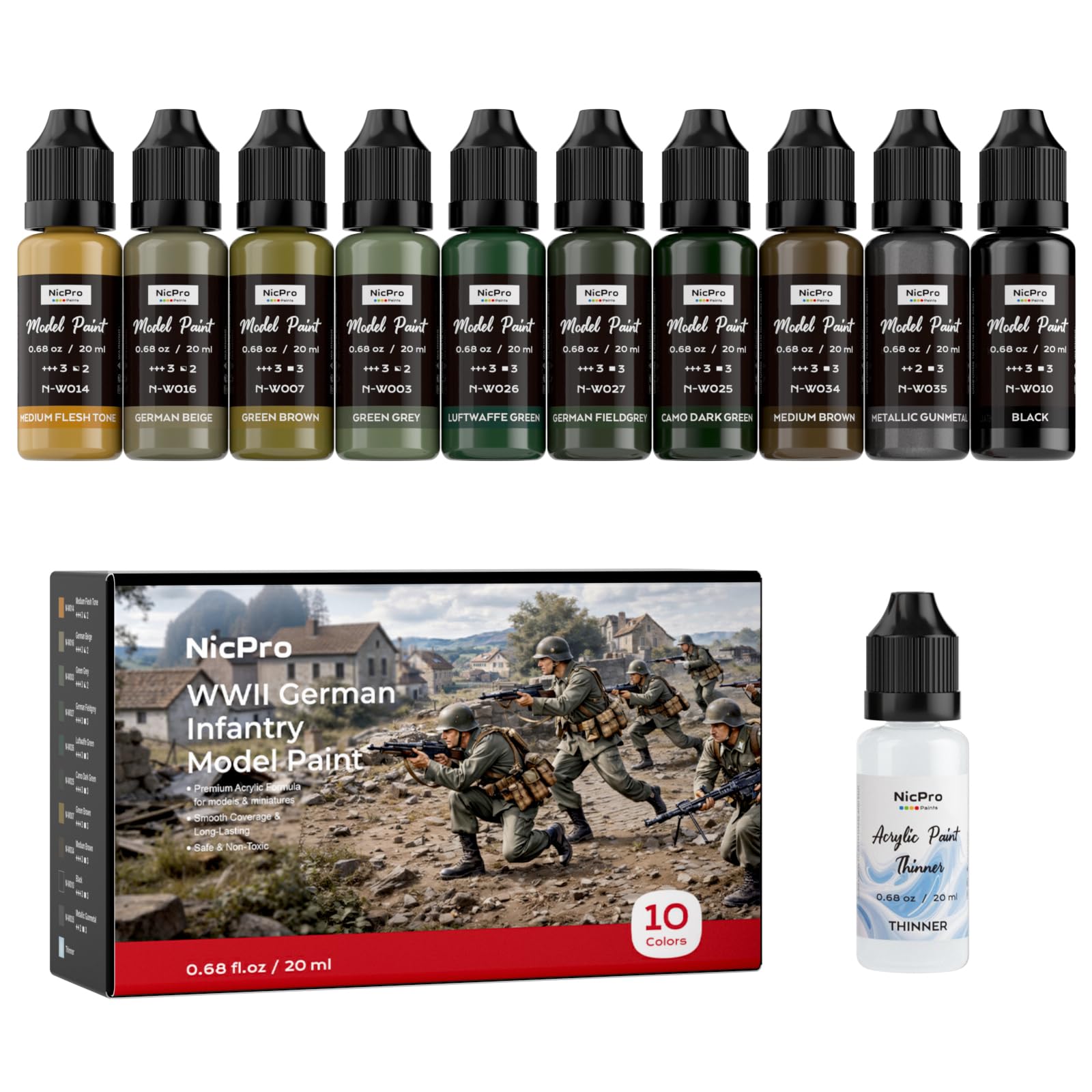 Nicpro 10 Colors WWII German Infantry Model Paint Set, 20ml Military Figure