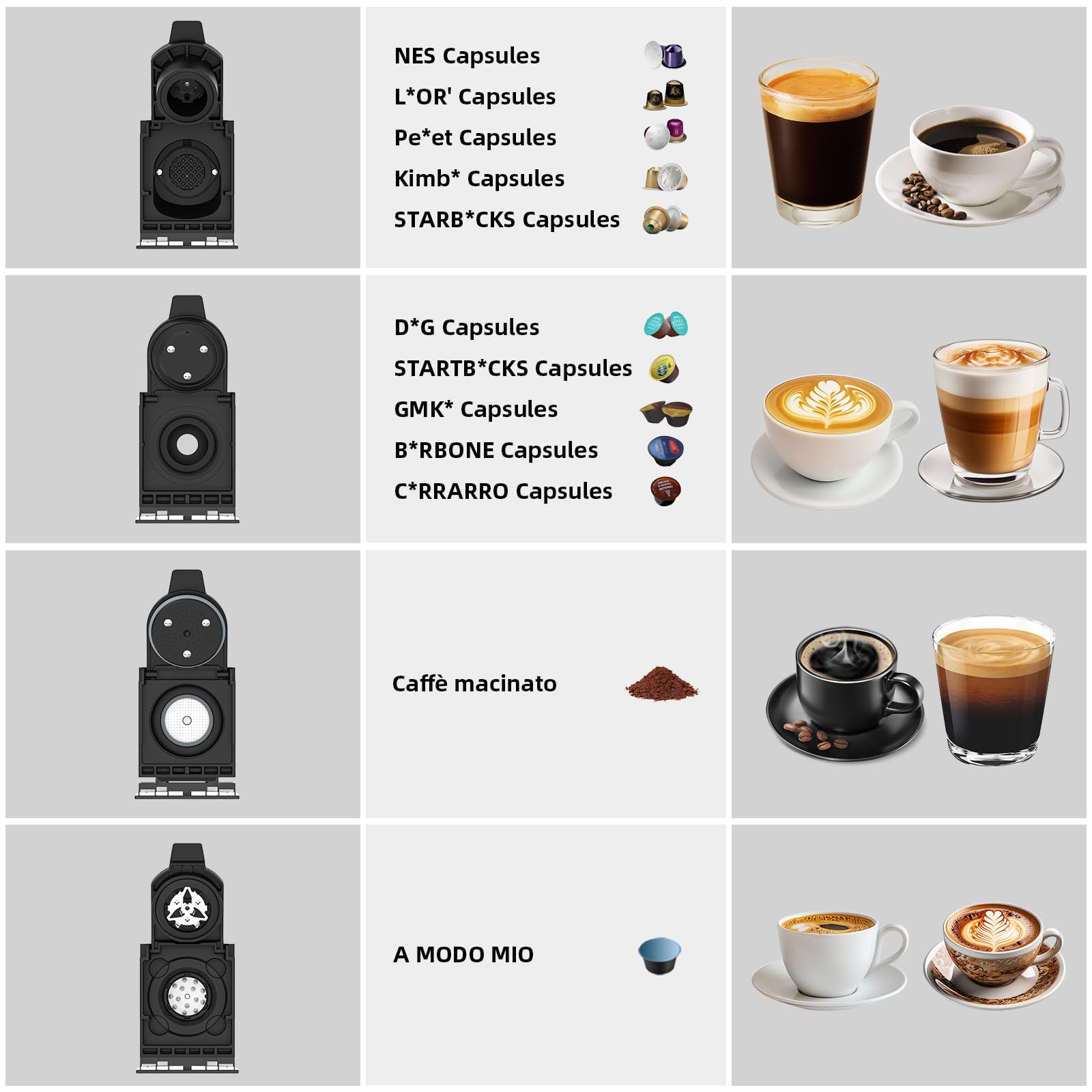 Macchina da caffè a capsule ST-550, Macchina da caffè 4 in 1,per Nespresso Original/per Dolce Gusto/per A Modo Mio e caffè macinato, con serbatoio dell'acqua da 1 litro | 4 in 1 per capsule e polveri NES Original/DG*/Mio*, 7 quantità di acqua, serbatoio d