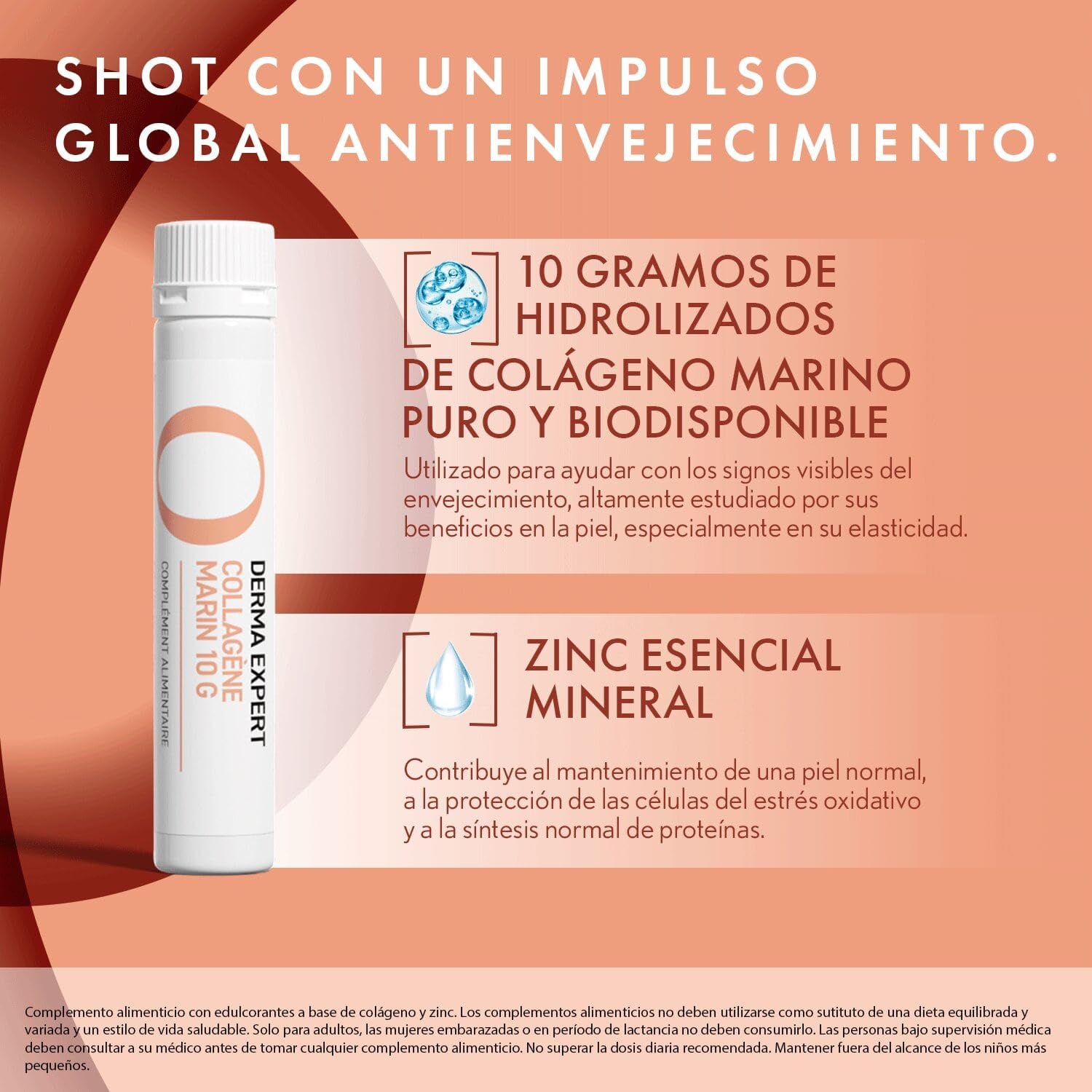 OENOBIOL - DERMA EXPERT COLÁGENO MARINO 10G - Complemento Alimenticio Antienvejecimiento, Antiarrugas y Elasticidad de la Piel, Sabor Naranja-Melocotón, 10 Shots Líquidos