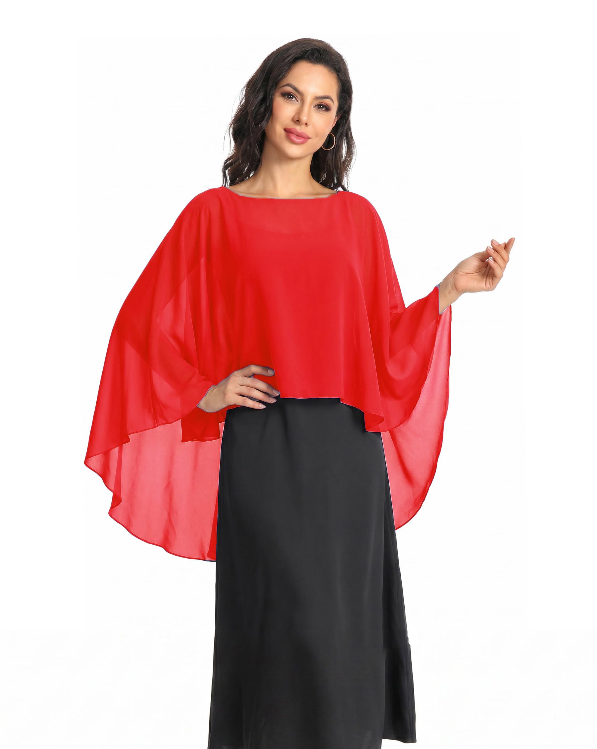Baoqiya Women's Red Chiffon Capes Sheer Capelets Long Cape Poncho For Plus Size, One Size