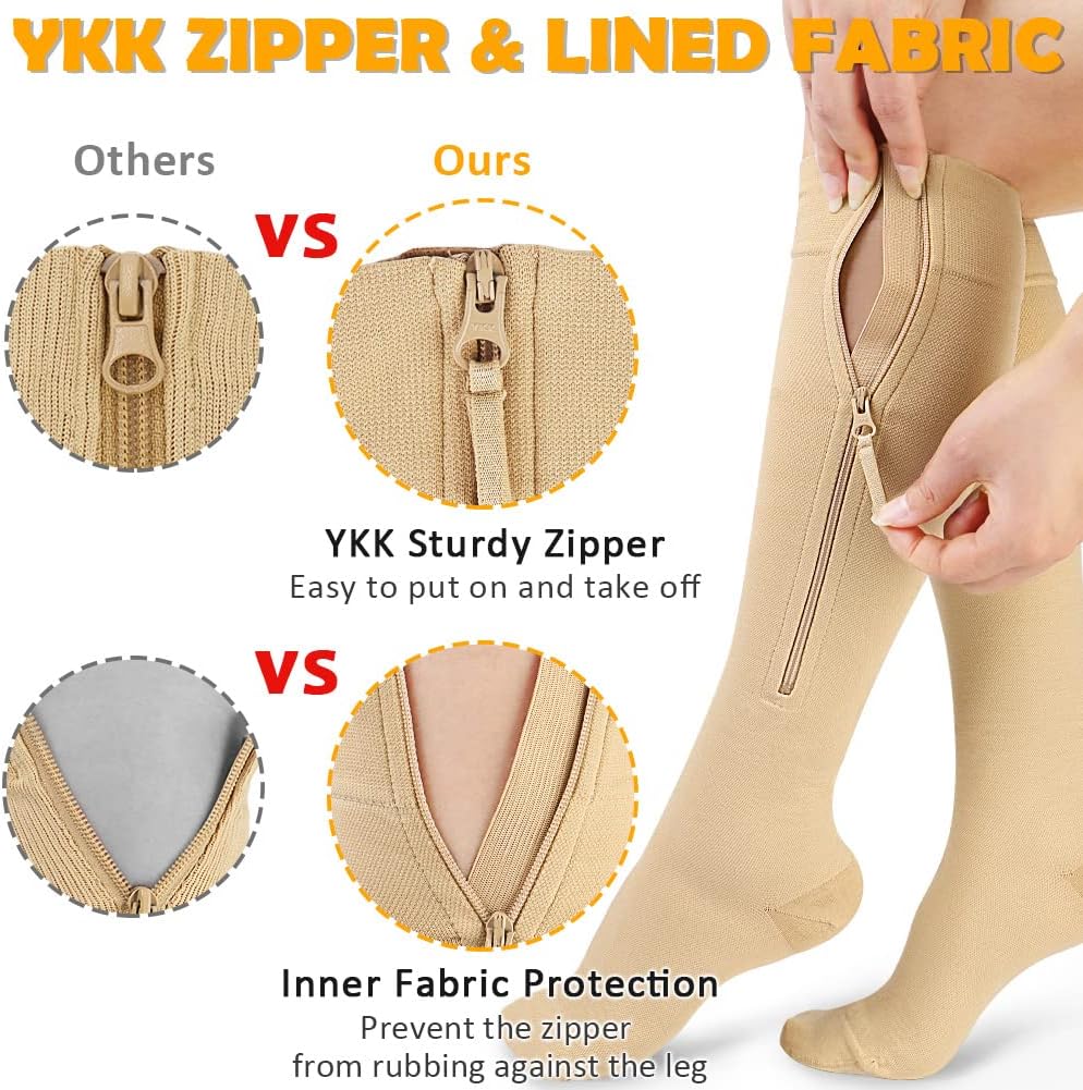 CASMON 15-20mmHg Zipper Compression Socks for Women and Men, Knee High Compression Stockings, Medical Closed Toe Support Socks for Varicose Veins, Post-Surgery, Swelling, Nurses, Pregnancy (1 Pair) - Image 2