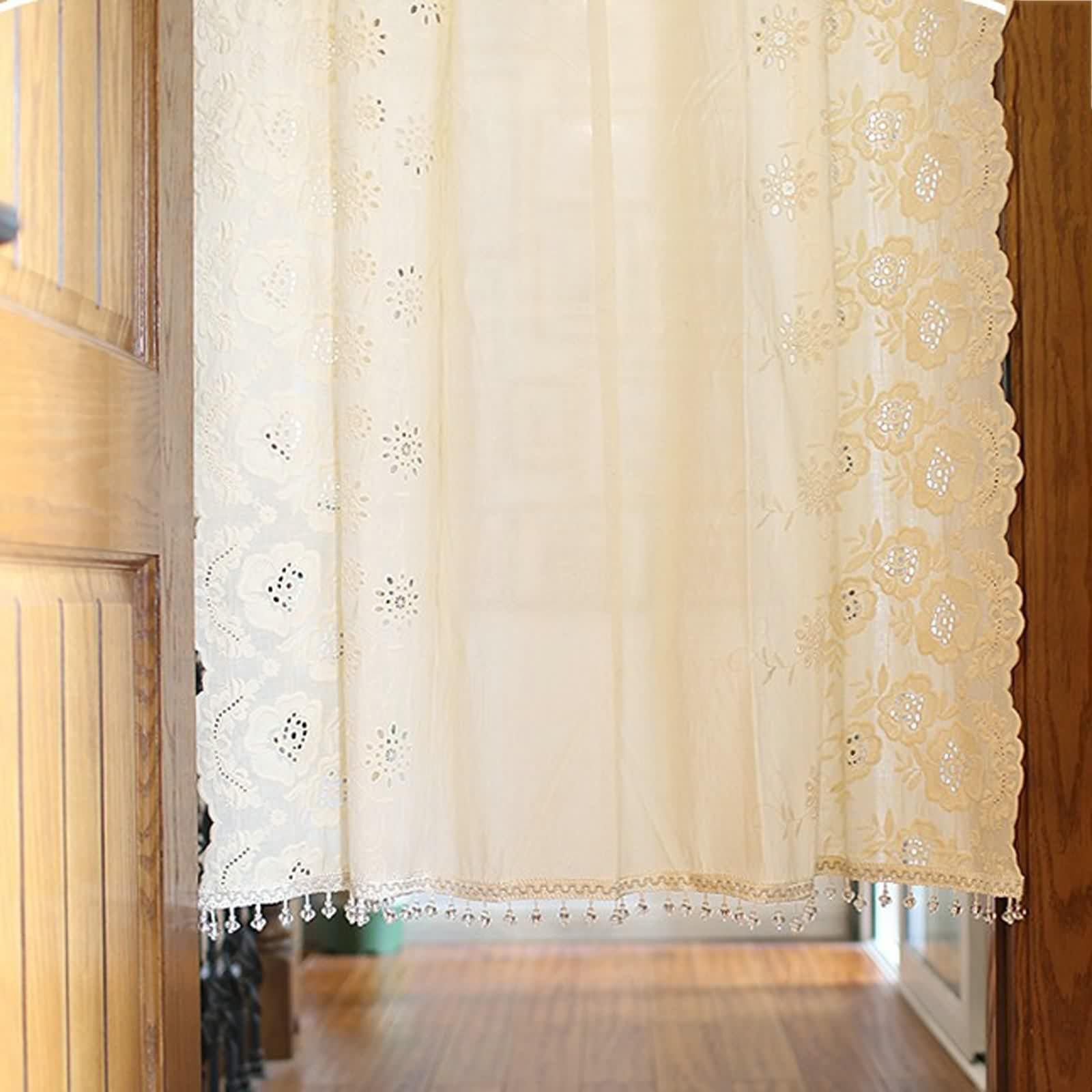Zazdrostki do jadalni, zazdrostki, krótkie, beżowe, bawełniane, lniane, bistro, haftowane, z kwiatowym wzorem, 1 sztuka, szer. 127 x wys. 110 cm