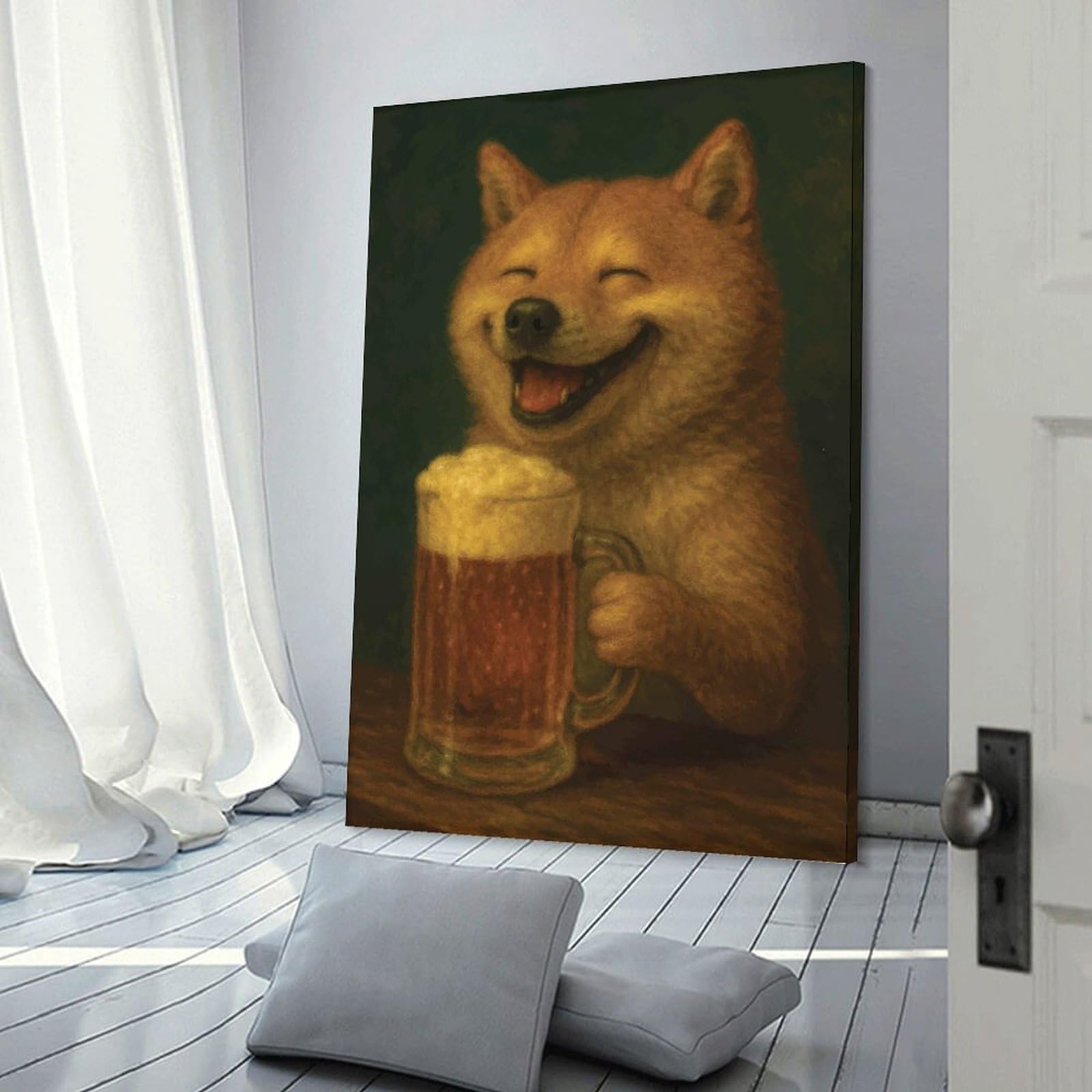 Junmoney Happy Shiba with Beer Decorative Wall Artwork 08x12inch(20x30cm), for Front Hall, Corridor Or Welcome Spaces, Decorative Wall Art for Narrow Spaces