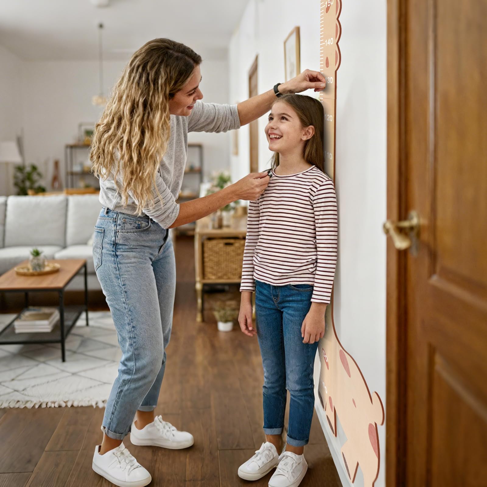 Messlatte Kinder Holz mit Tiermotiv, 50-180 cm Messlatten Wanddekoration für Baby- & Kleinkinderzimmer, Messleiste als Puzzle (Holzfarbe)