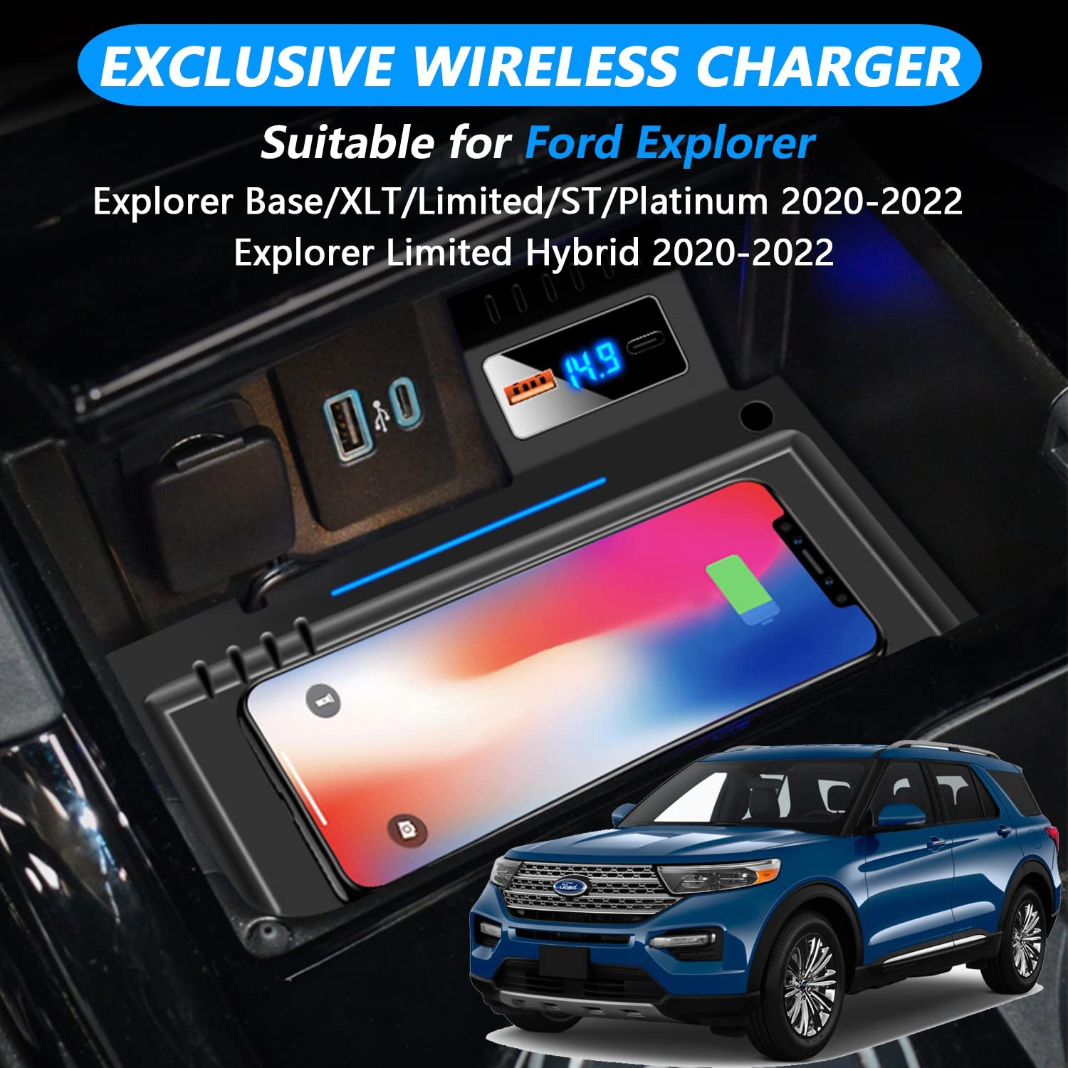 Kabelloses Ladegerät Auto für Ford Explorer Base/XLT/Limited/ST/Platinum/Limited Hybrid 2020-2022, 15W Qi Wireless Schnellladendes Handy-Ladegerät mit QC3.0-USB-Anschluss für iPhone Samsung