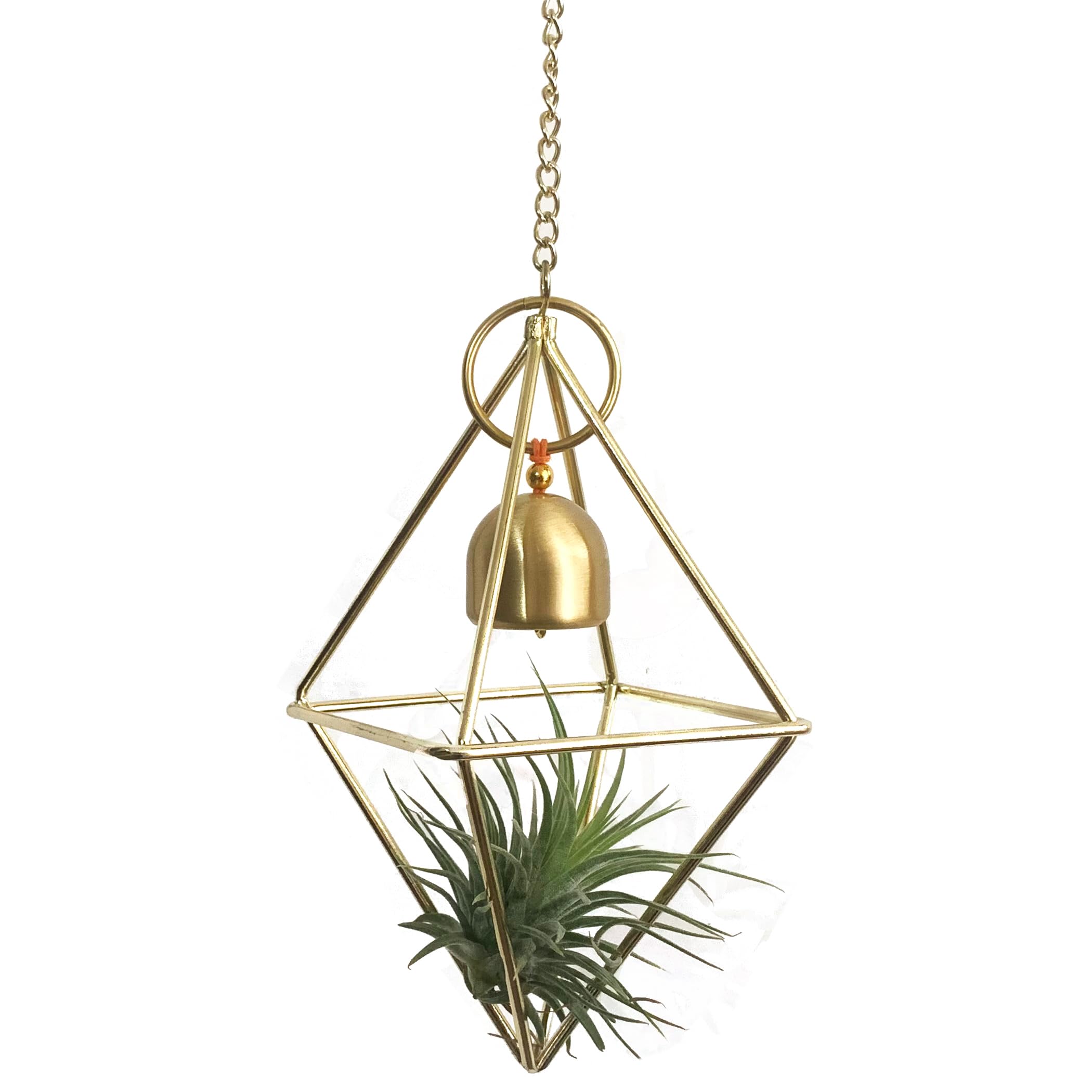 libproqia Golden Air Plant Holder with Wind Chime - Geometric Metal Himmeli Planter Hanger for Tillandsia, Tabletop & Hanging Cage Decor, Indoor/Outdoor Use (No Plants Included)