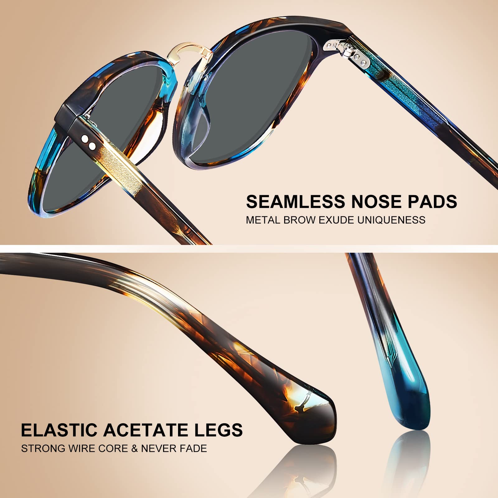 CARFIA Retro Round Acetate Sunglasses For Men – Polarized, UV400, Small Face Fit With Leather Case