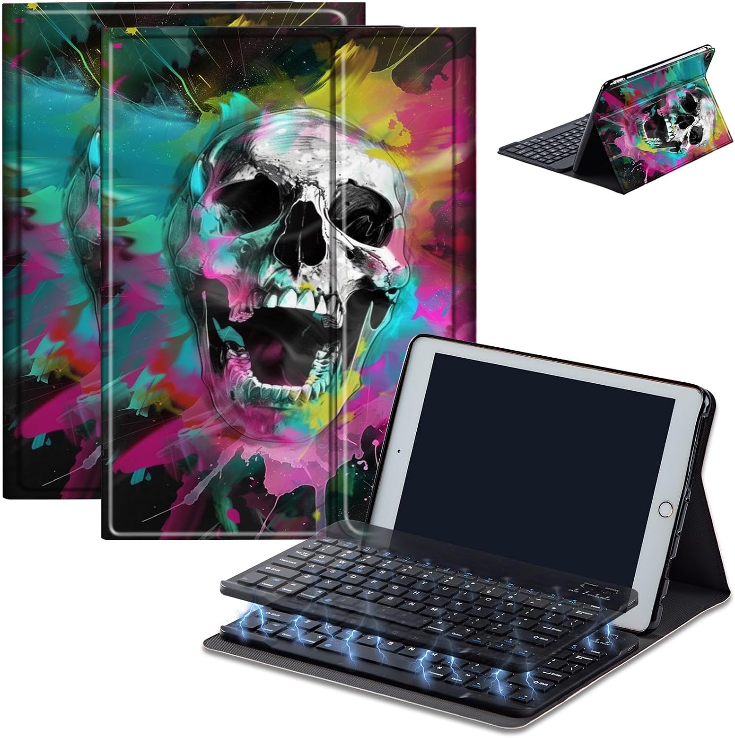 Keyboard Case for Amazon Fire Max 11 (13th Generation, 2023 Release), Detachable Wireless Bluetooth Keyboard and Auto Sleep/Wake Fire Max 11 Tablet Case with Keyboard, Colorful Skull