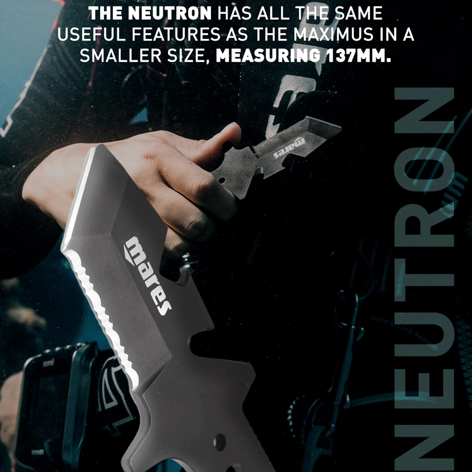 Mares Neutron - Cuchillo de buceo de acero inoxidable de 137 mm de largo, funda con trabillas y correas incluidas